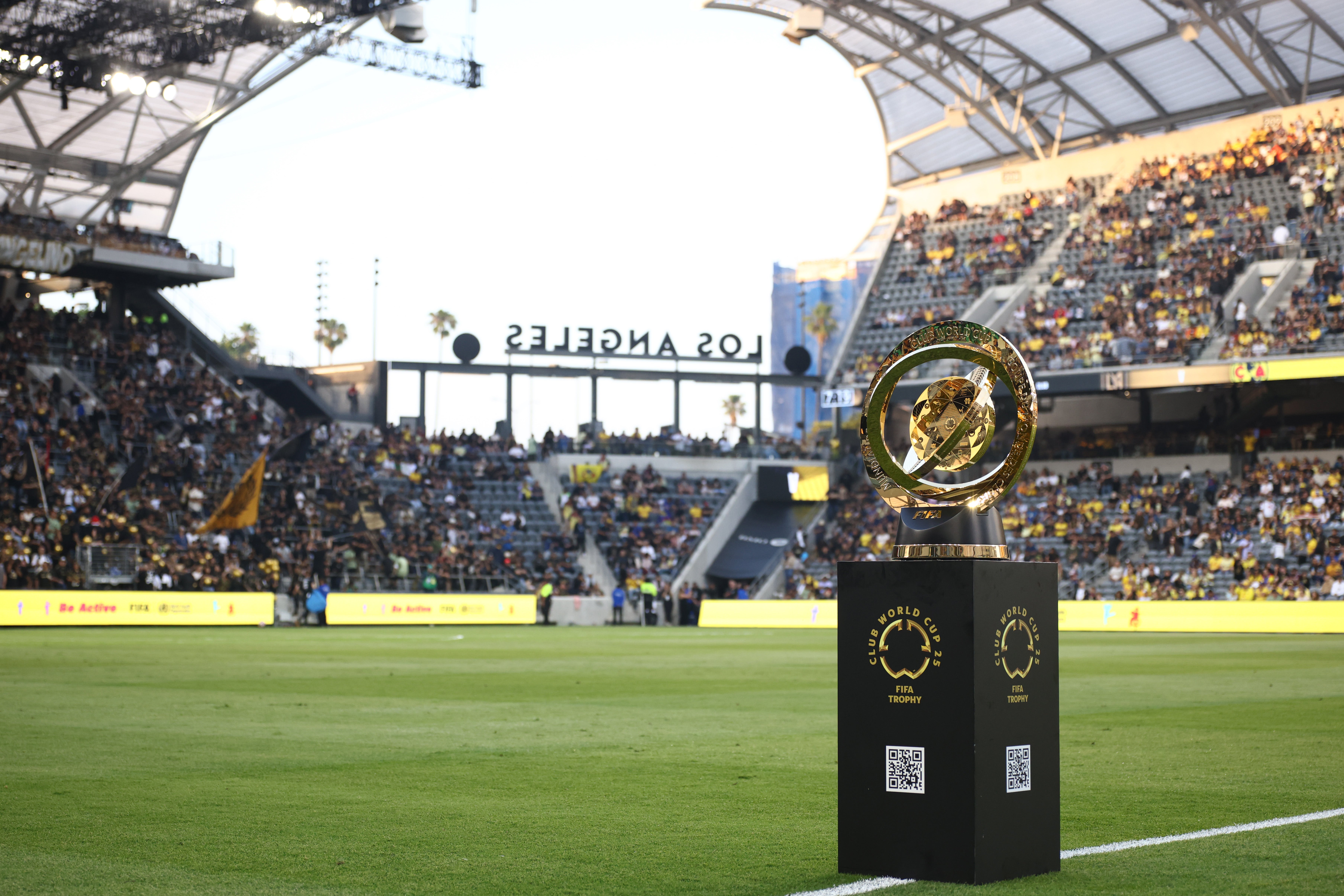 The Club World Cup trophy is displayed prior to the play-in match between LAFC and Club America