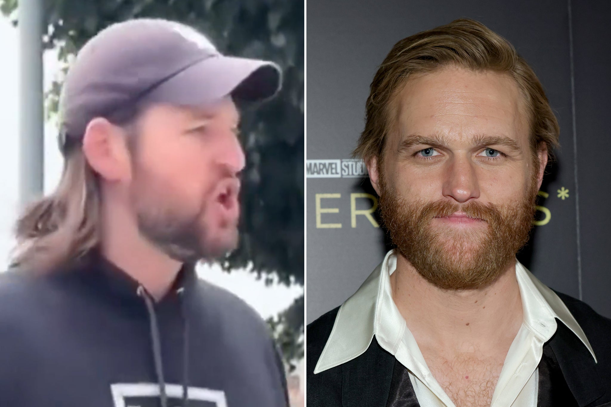 Aaron Fisher (left) was protesting in LA. On the left is his would be doppelganger, actor Wyatt Russell (right)