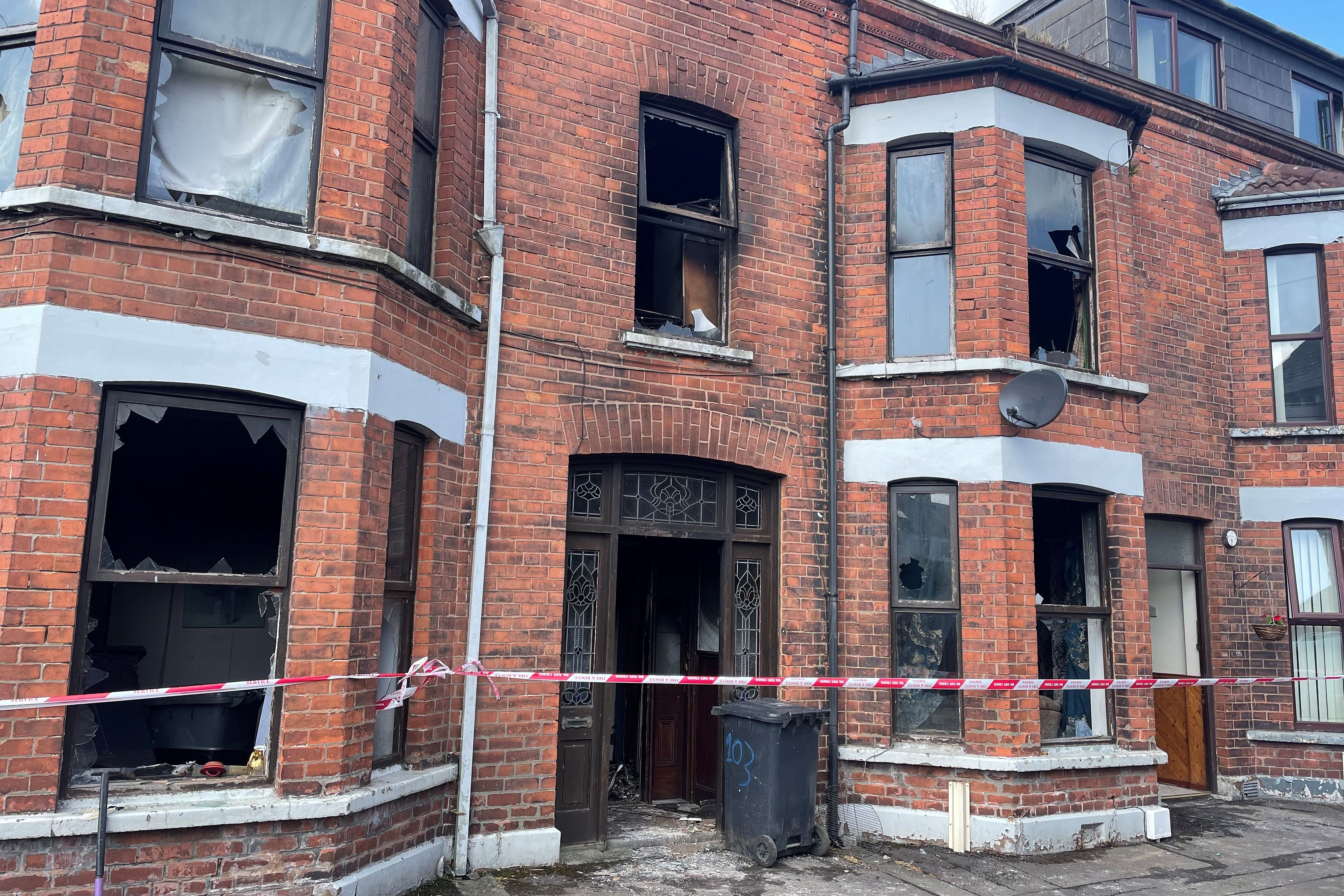 A damaged property at Clonavon Terrace, Ballymena following a protest over an alleged sexual assault in the Co Antrim town (Jonathan McCambridge/PA)