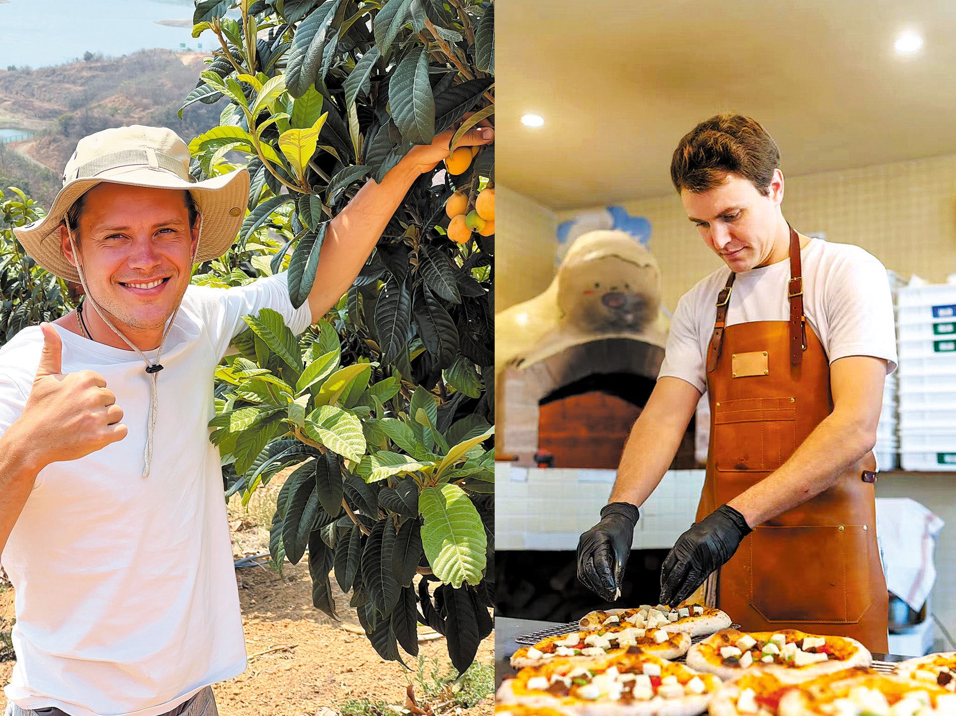 Patrik Bachstatter (left) visits a traditional loquat farm in Dali, Yunnan province, and Adrien Brill works in his pizza shop in Huangshan, Anhui province