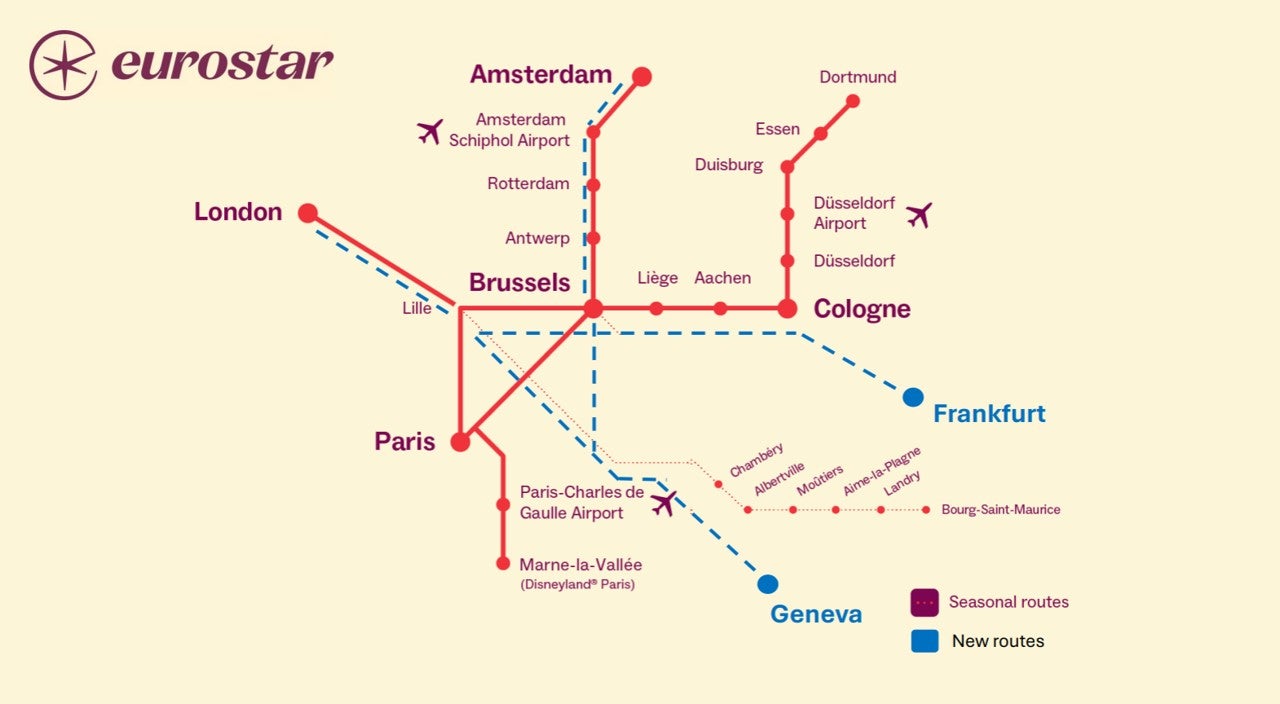 En route: Eurostar proposed route map showing existing links from London to Paris, Brussels and Amsterdam, and from Amsterdam and Dortmund to Paris and Disneyland; links to Frankfurt and Geneva are marked by blue dashes