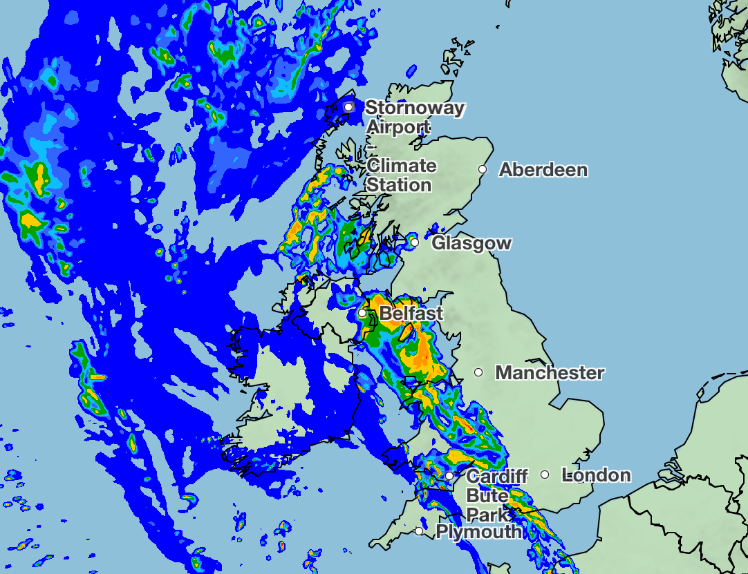 The downpour, occurring early Thursday morning, will focus on the South West and Northern Ireland