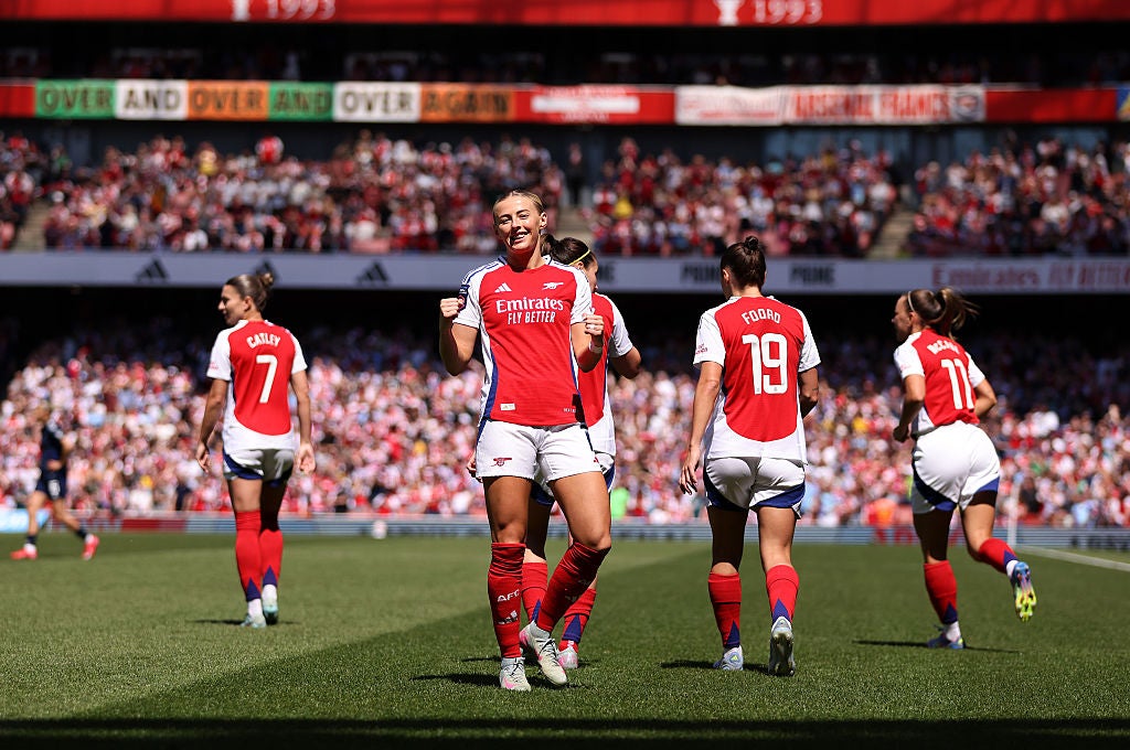 Chloe Kelly celebrates scoring in Arsenal’s 4-3 win over Manchester United