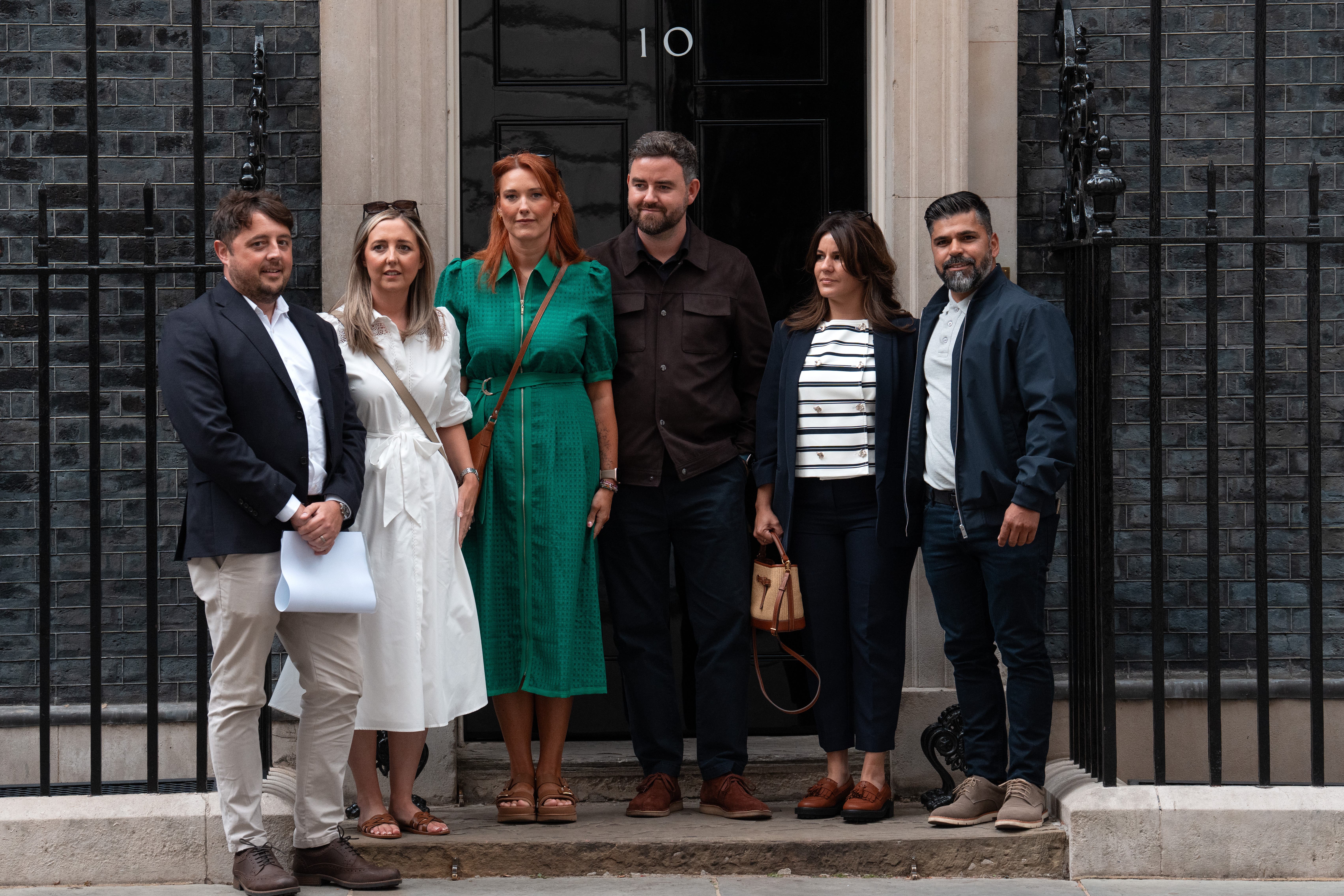 Families of the victims of the Southport attack (left- right) Chris Long and Jenni Stancombe, uncle and mother of Elsie Dot Stancombe, Lauren and Ben King, parents of Bebe King and Alexandra Aguiar and Sergio Aguiar, parents of Alice Aguiar ahead of meeting Prime Minister Sir Keir Starmer and Deputy Prime Minister Angela Rayner at 10 Downing Street (Carl Court/PA)