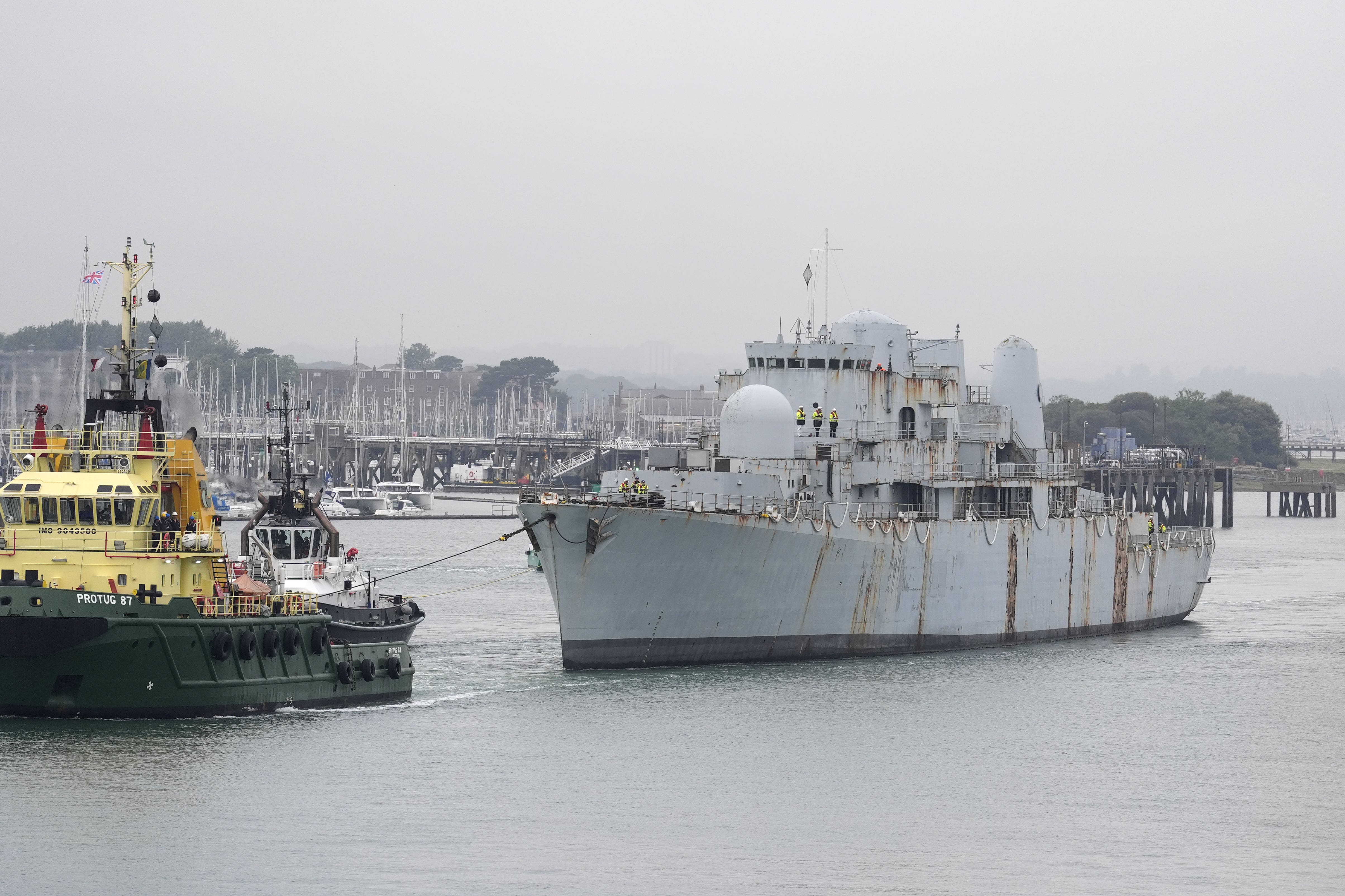 The former Royal Navy Type 82 Destroyer HMS Bristol has been towed out of Portsmouth harbour, Hampshire, ahead of being taken to Turkey to be recycled (Andrew Matthews/PA)