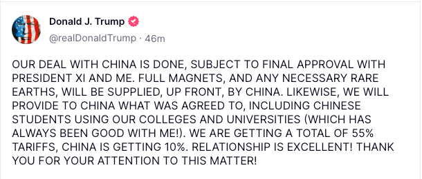 Screengrab of a Truth Social post announcing a US-China trade deal