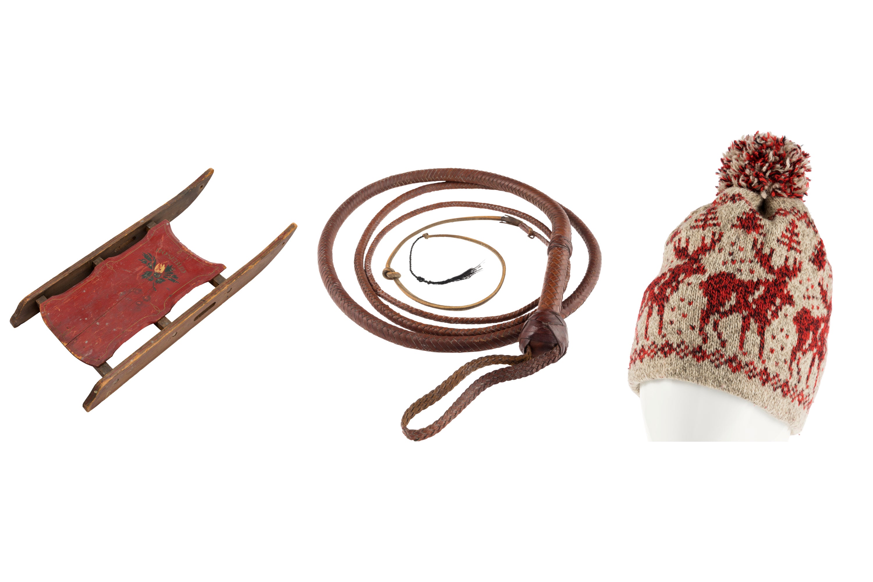 This combination of images shows the Rosebud sled from the film Citizen Kane, left, a whip wielded by Harrison Ford in Indiana Jones and the Last Crusade, center, and the knit hat worn by Macaulay Culkin in the film Home Alone