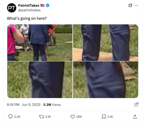 A prominent account ‘dedicated to exposing right-wing extremism’ shared close-ups of the president’s legs in the Rose Garden on June 9, a day after the stumble. ‘What’s going on here?’ the poster asked.