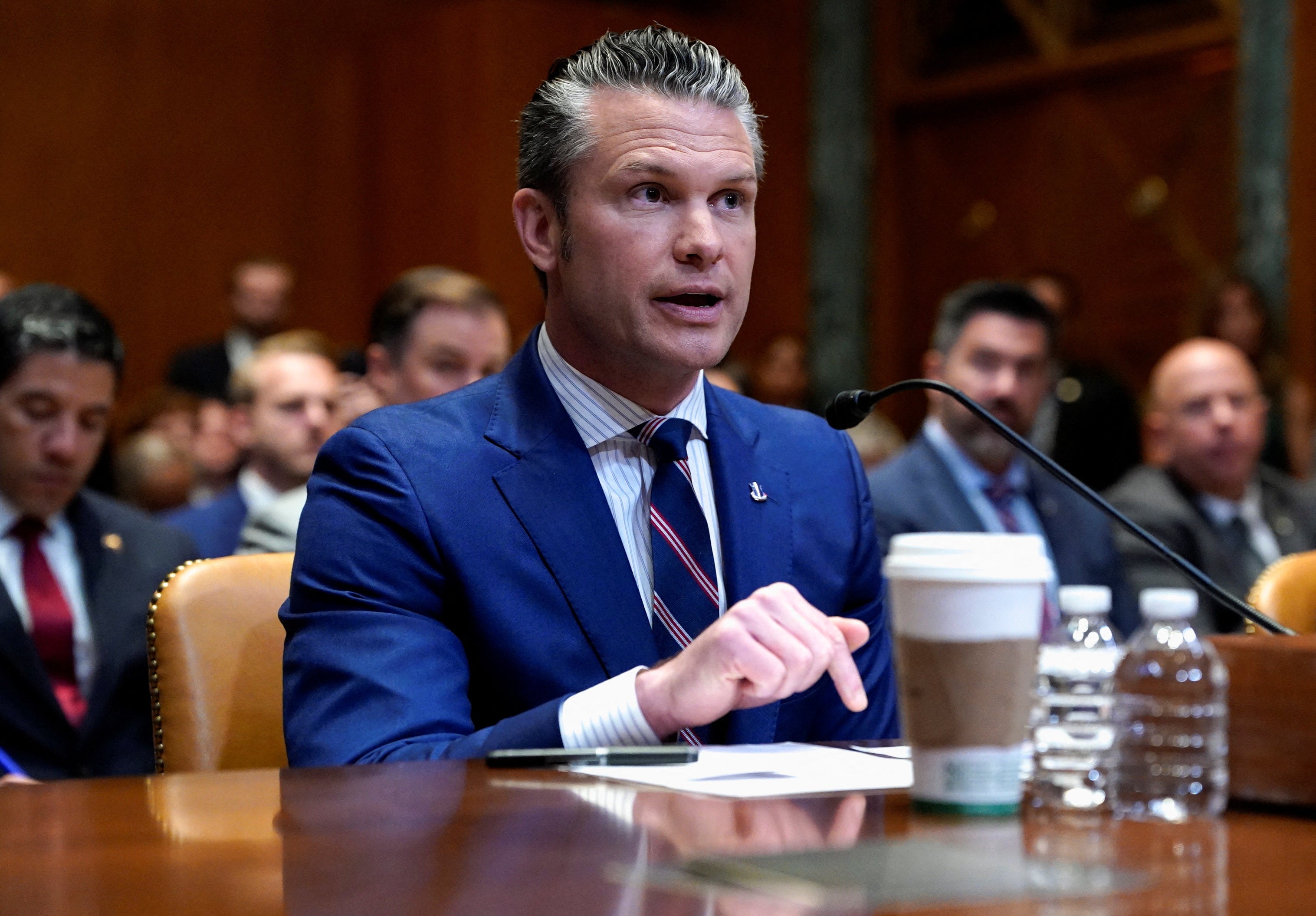 Defense Secretary Pete Hegseth speaks during a Senate Appropriations Committee hearing. He admitted Wednesday that Russia is the aggressor against Ukraine, but refused to say who he wants to win.