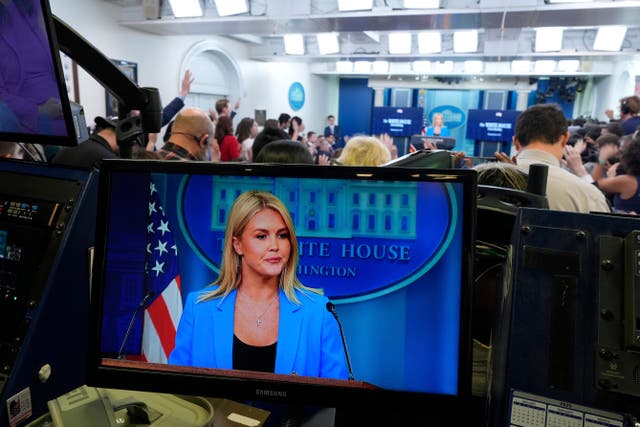 <p>White House press secretary Karoline Leavitt speaks with reporters in the James Brady Press Briefing Room at the White House, Wednesday, June 11, 2025, in Washington</p>