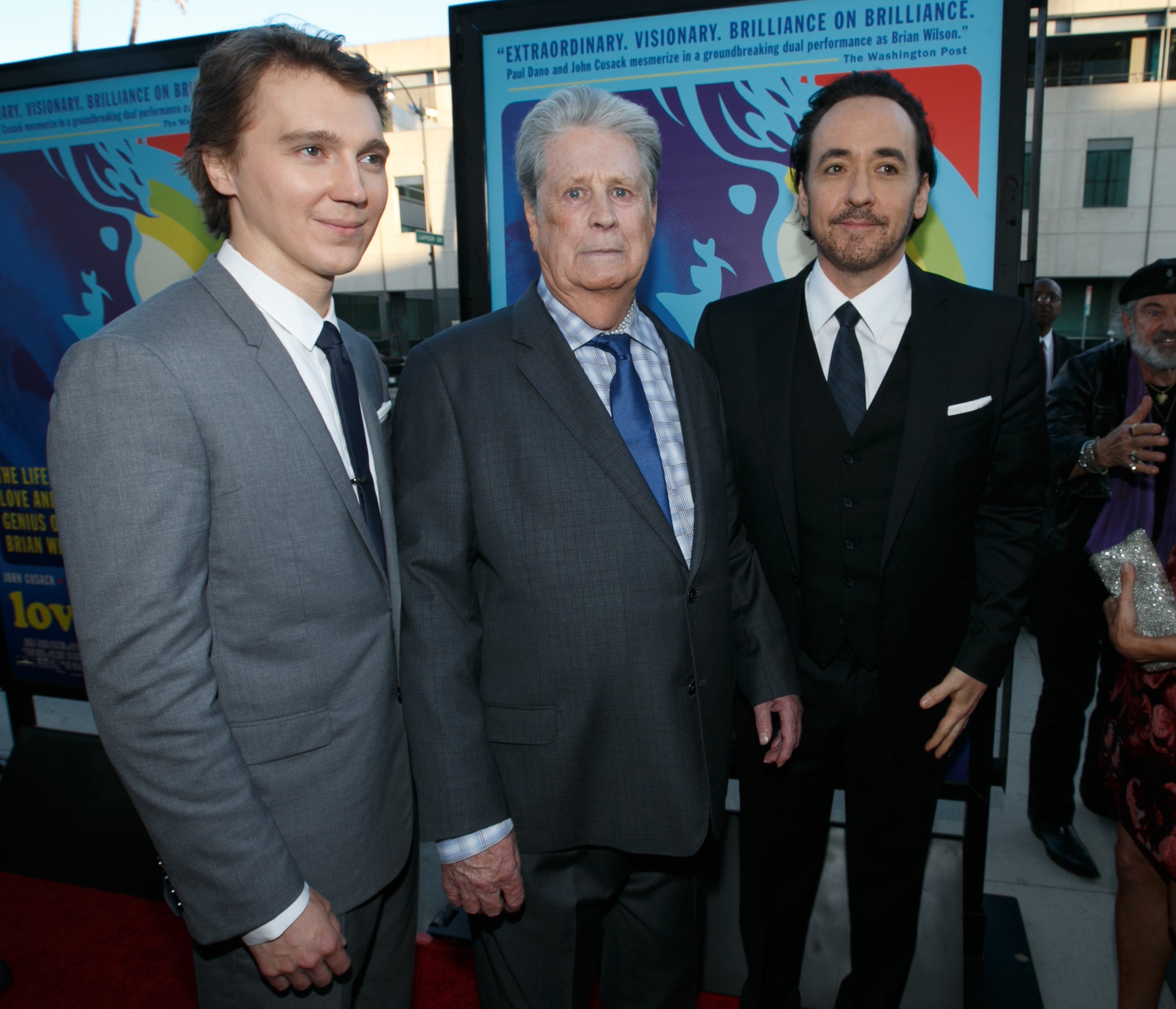 Paul Dano (left) and John Cusack (right) with Brian Wilson at a 2015 event in LA for their biopic 'Love & Mercy'