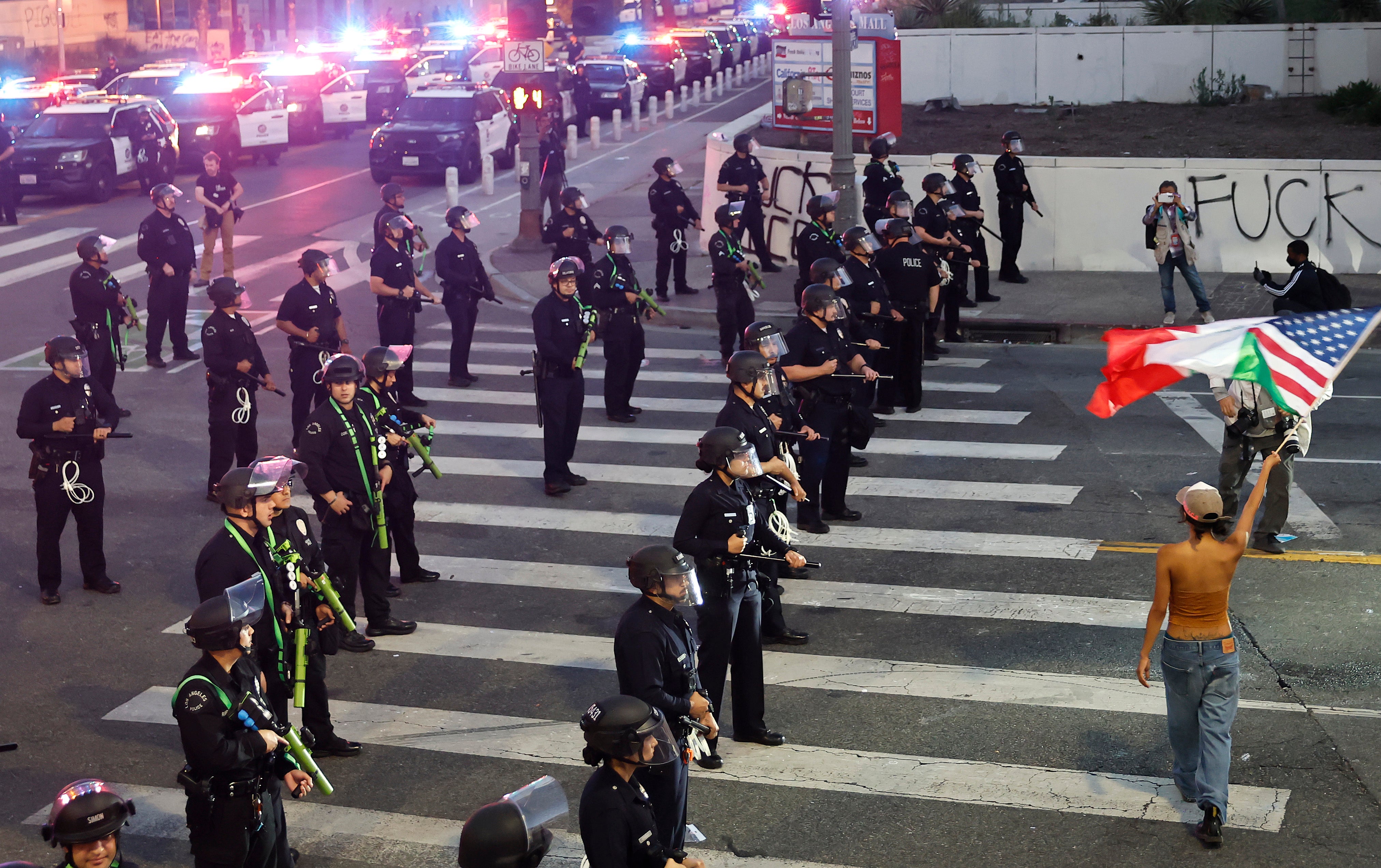 Police officers on the streets of Los Angeles last week as the anti-ICE demonstrations continue