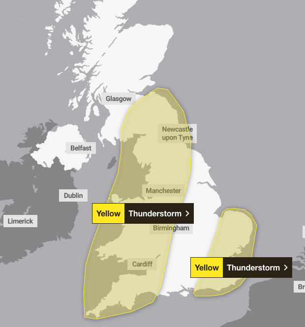 Met Office yellow weather warning for thunderstorms on Saturday