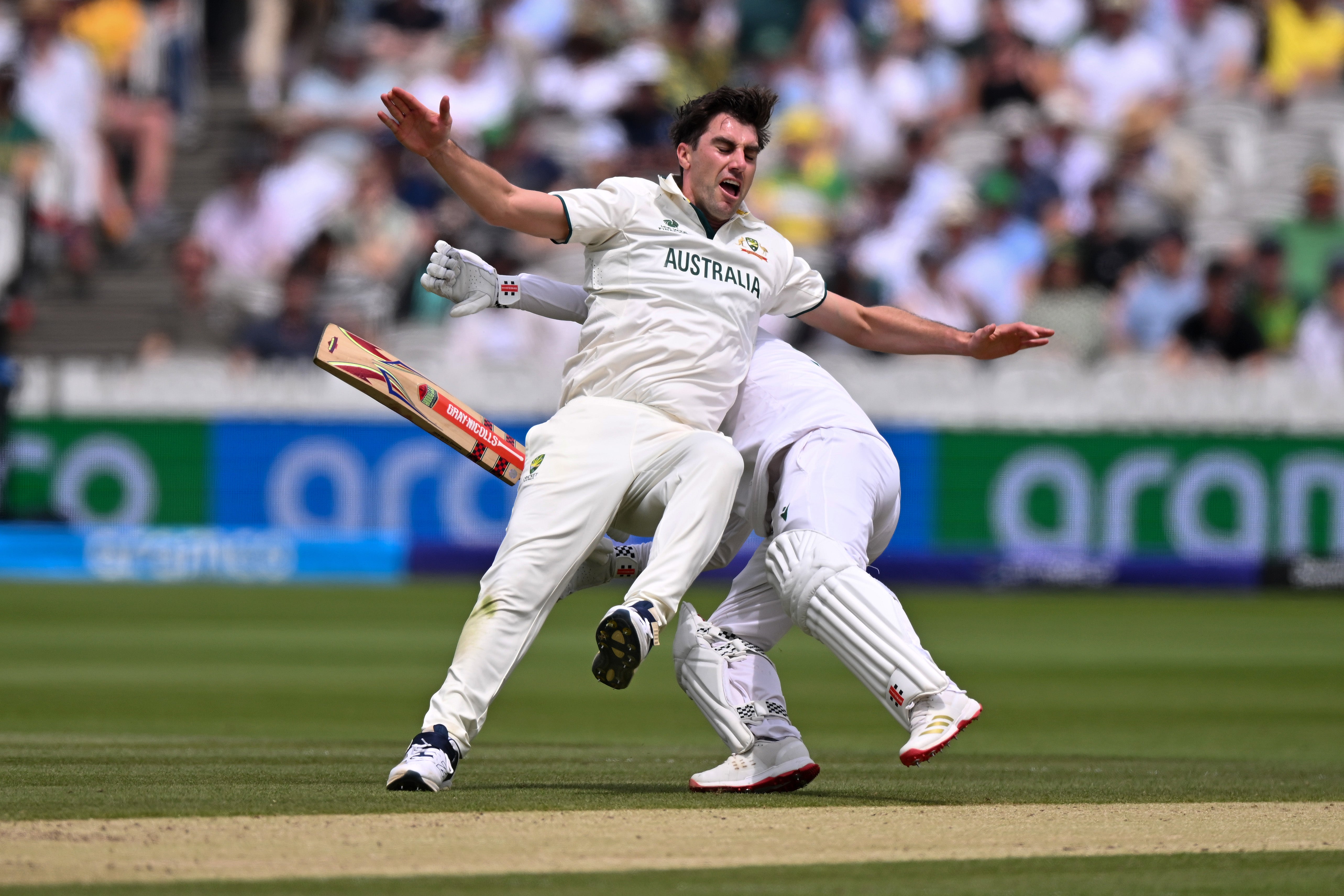 Cummins collided with Kyle Verreynne while launching into a strong appeal