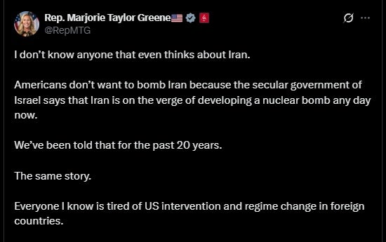 Marjorie Taylor Greene tweeted her opposition to US support for an Israeli strike on Iran