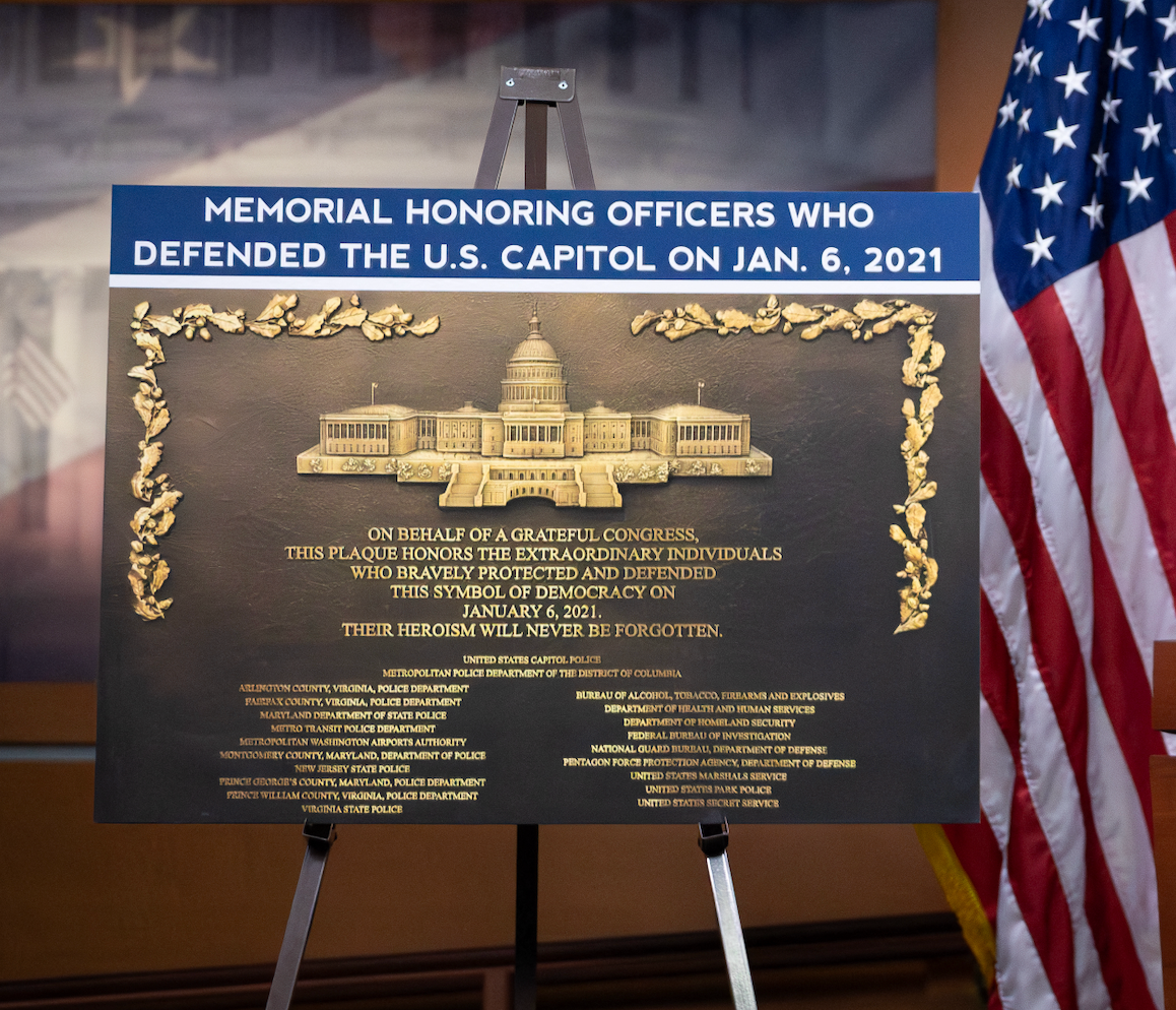 A plaque honoring the law enforcement officers who defended the Capitol on January 6. A lawsuit has been filed after Congress has allegedly refused to erect it