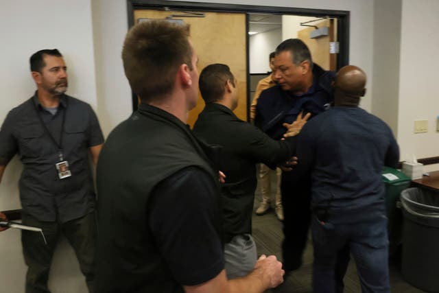 <p>Senator Alex Padilla manhandled as Homeland Security Secretary Kristi Noem holds a news conference regarding the recent protests in Los Angeles </p>