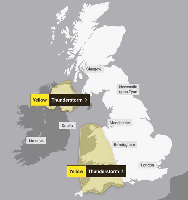 Met Office yellow weather warning for south-west England, Wales and Northern Ireland