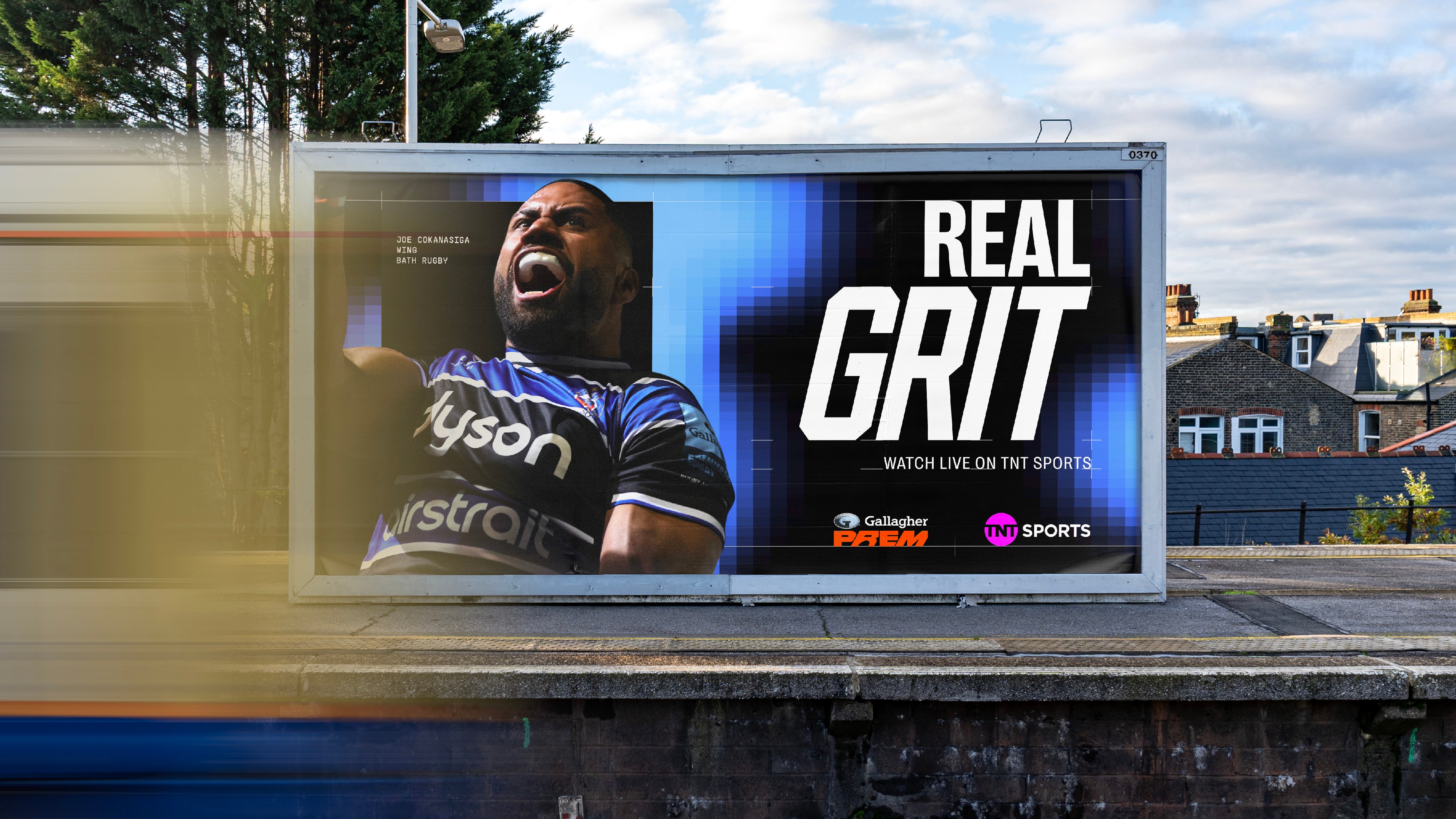 A billboard of Bath wing Joe Cokanasiga showing the new Prem rugby branding