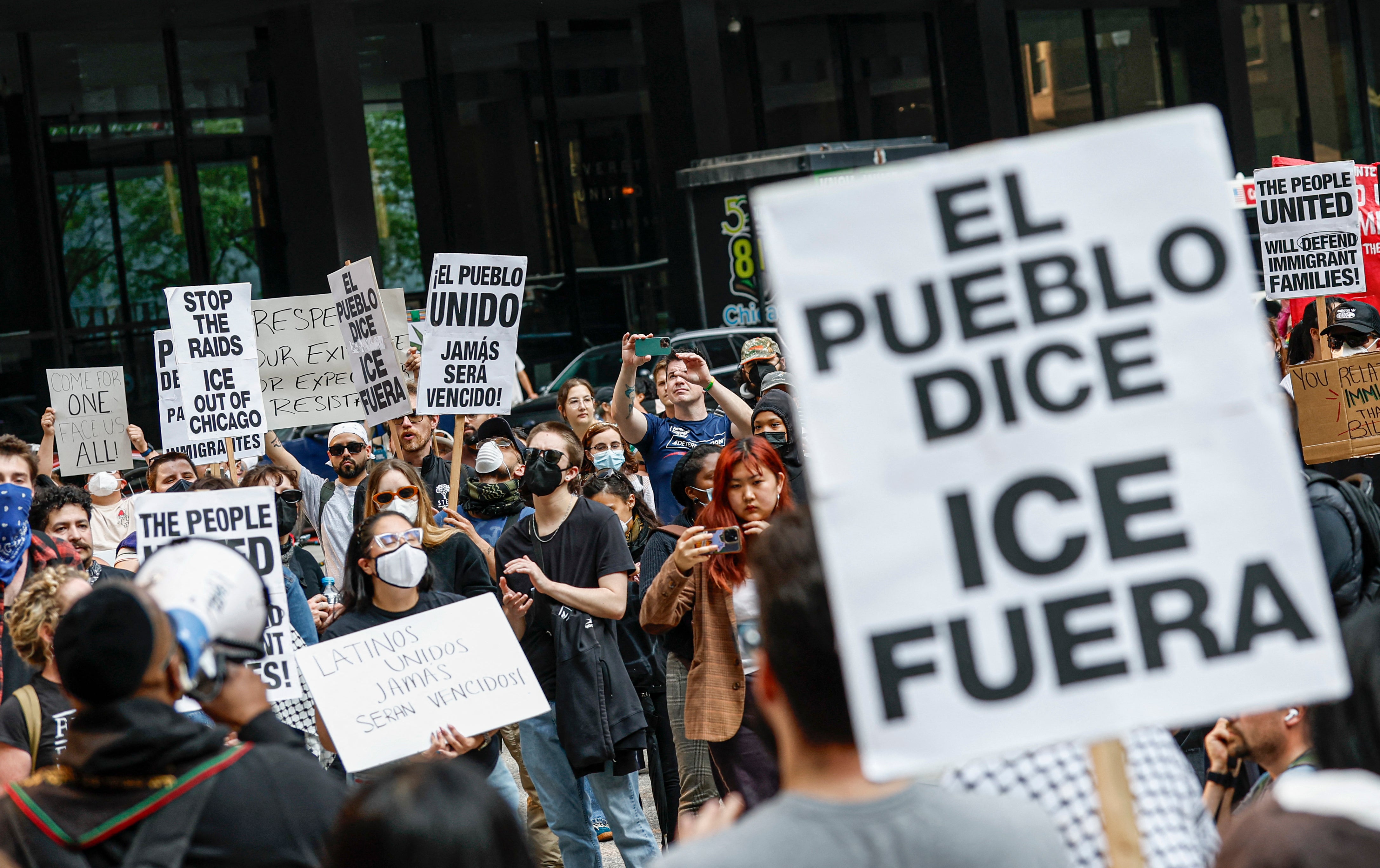 Anti-ICE protesters outside Federal Plaza in Chicago, Illinois, on Tuesday