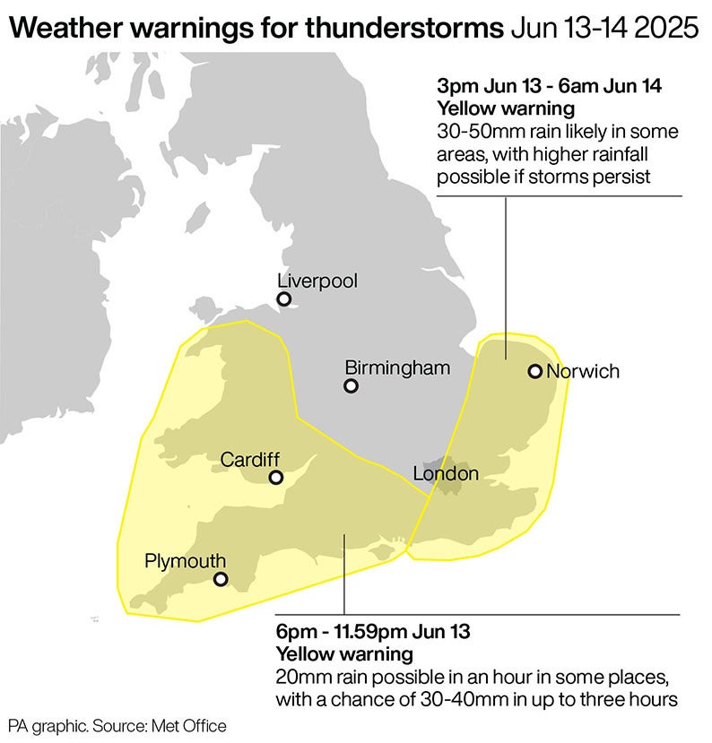 Yellow weather warnings for thunderstorms (PA Graphics)