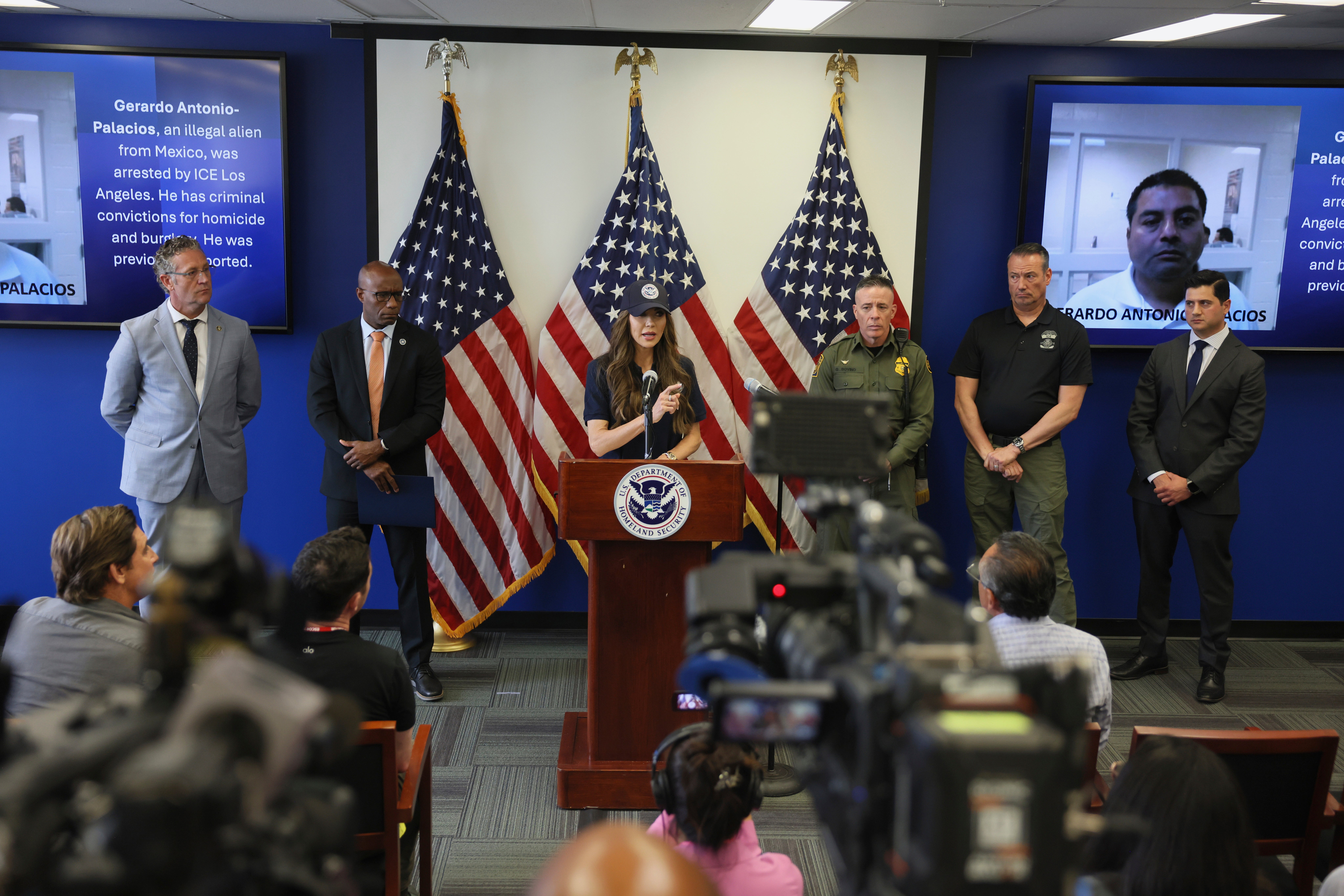 Homeland Security Secretary Kristi Noem holds a news conference regarding the recent protests in Los Angeles on June 12 2025