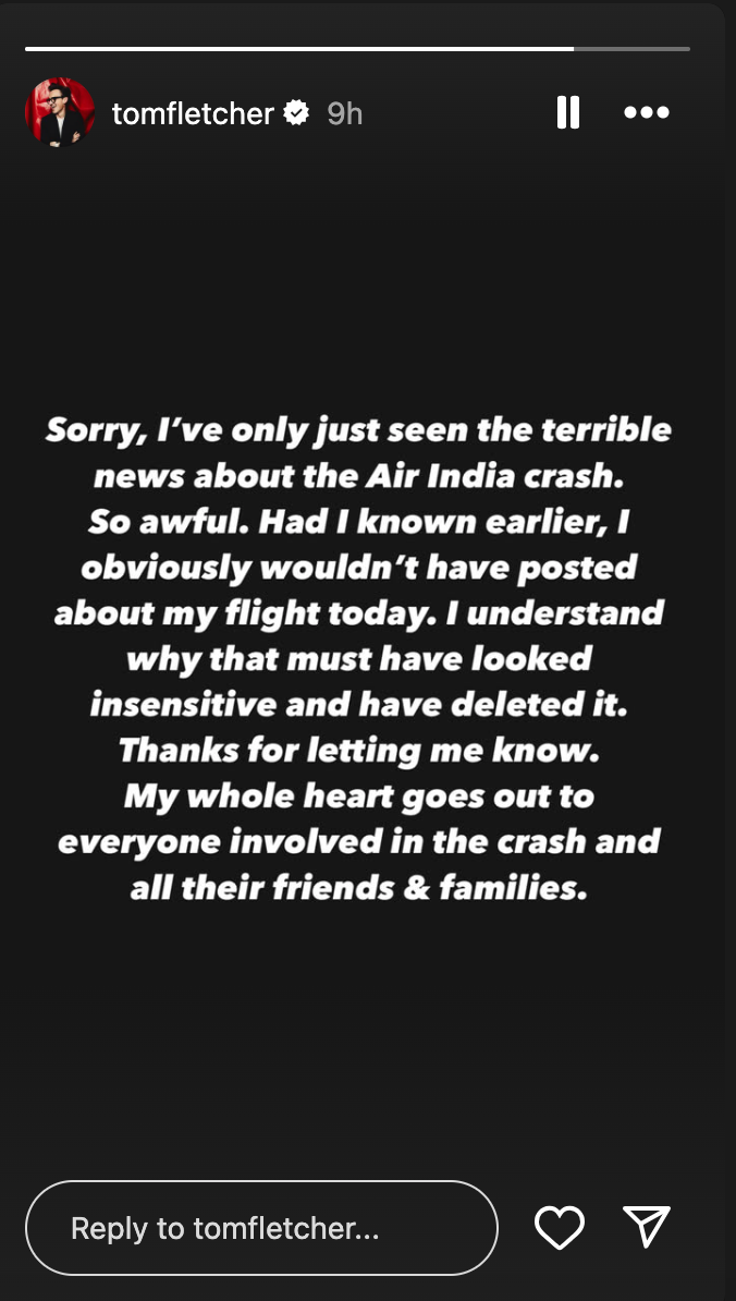 Tom Fletcher apologised for ‘insensitive’ post shared after Air India plane crash