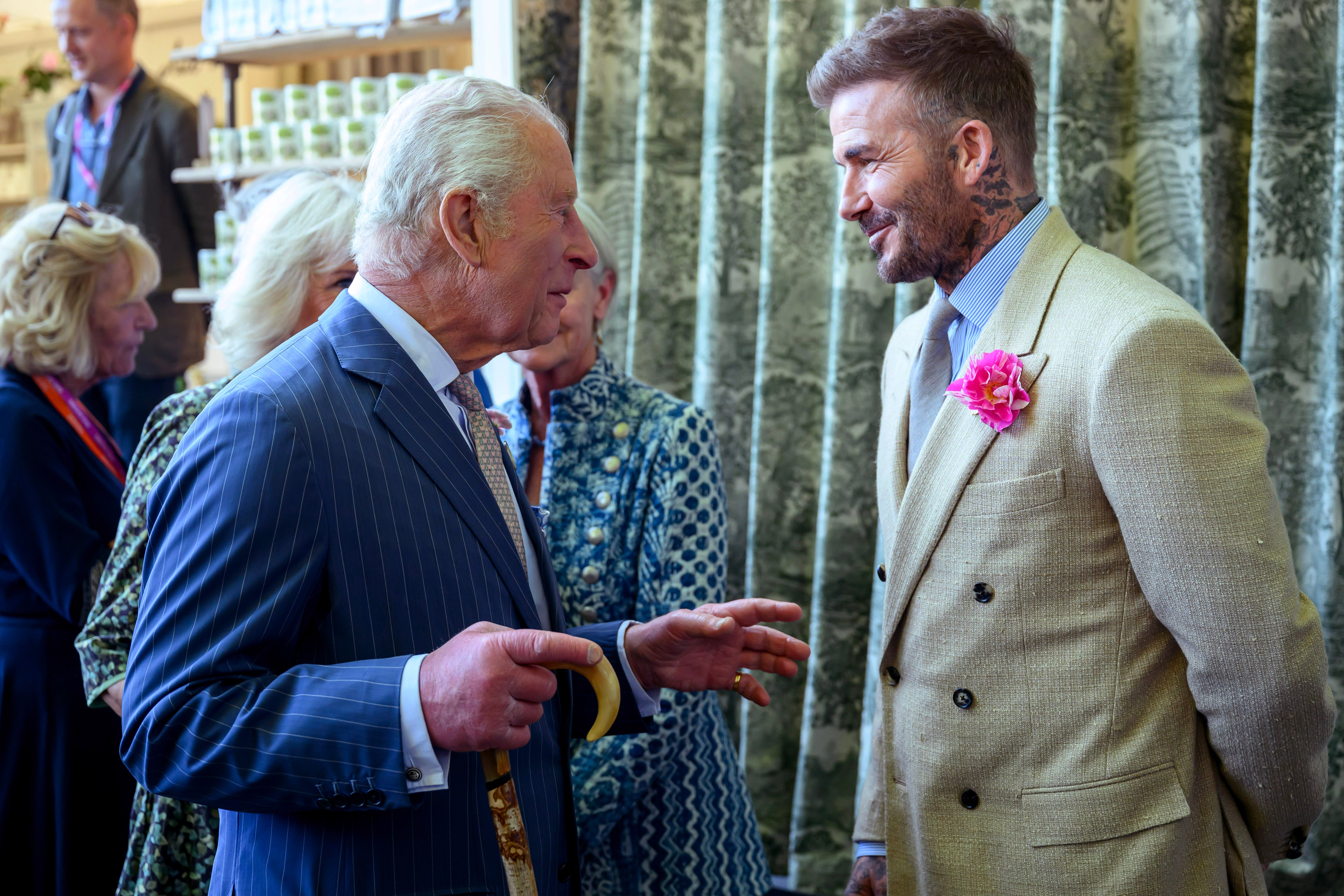 King Charles meets with David Beckham at the 2025 Chelsea Flower Show