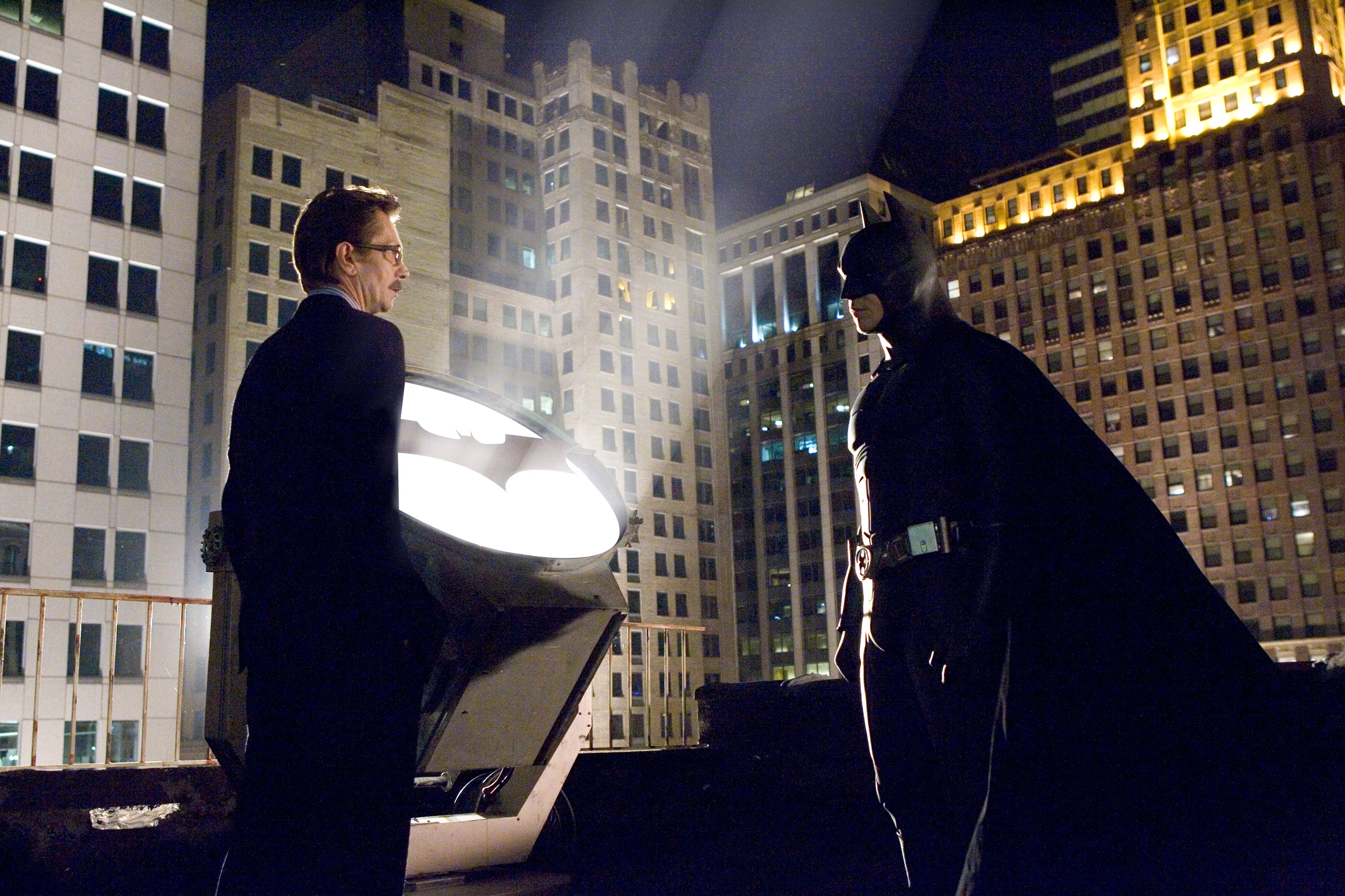 Roof encounter: Gary Oldman and Bale in ‘Batman Begins’