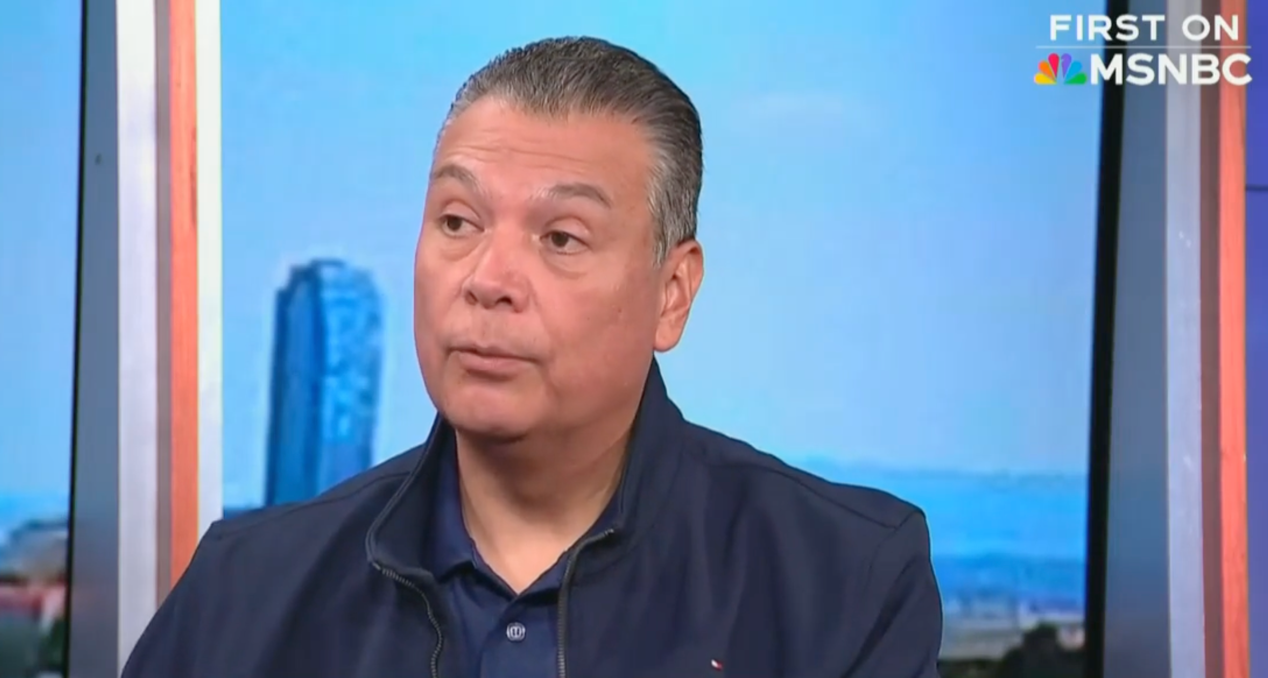 California Democratic Senator Alex Padilla is interviewed on MSNBC on Thursday June 12 2025 after being wrestled to the ground and handcuffed by security at a Kristi Noem press conference in Los Angeles