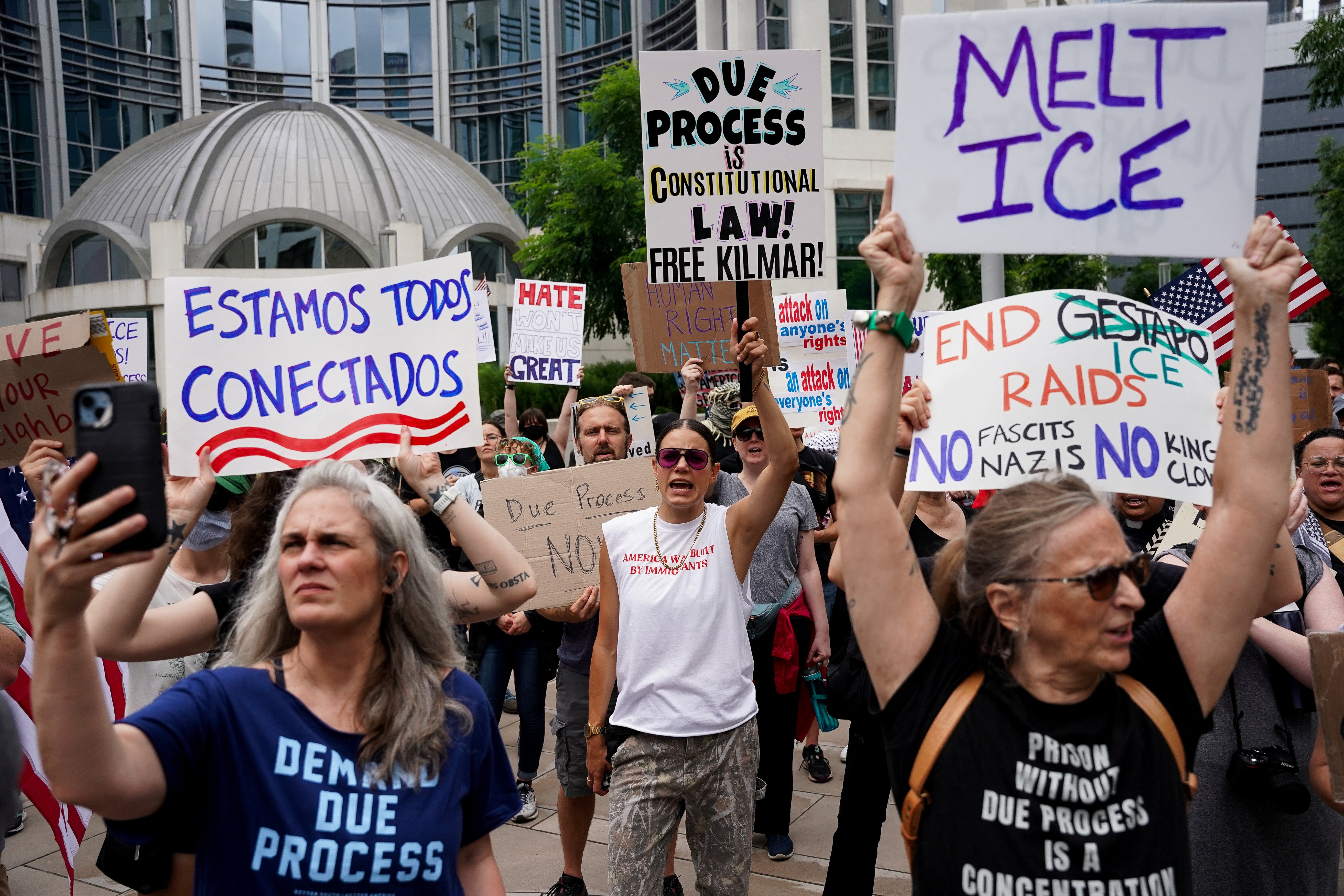 Demonstrators rallied outside a federal courthouse in Nashville on June 13 as Kilmar Abrego Garcia pleaded not guilty to human trafficking charges
