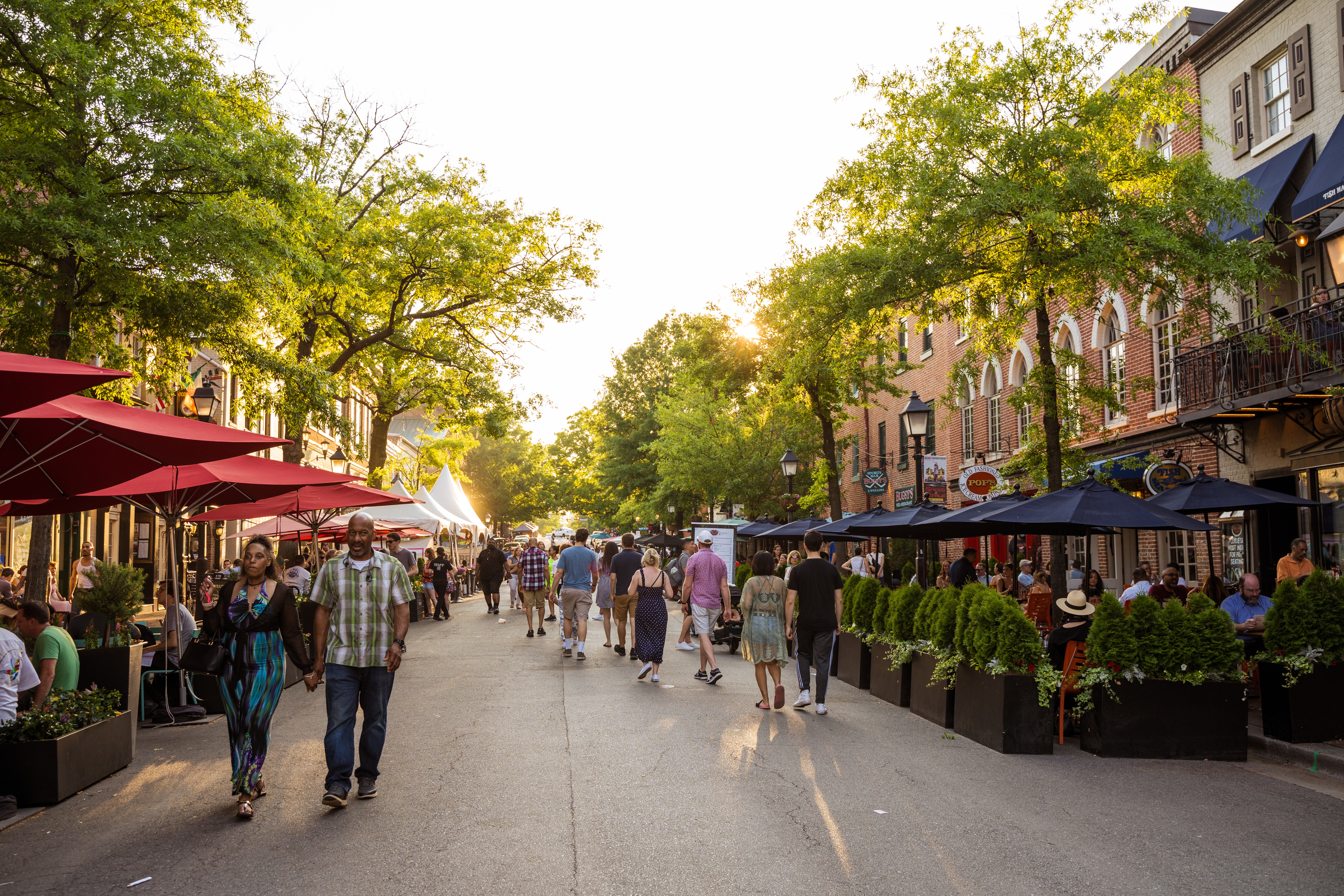 Above is Old Town Alexandria’s King Street, home to more than 200 independent restaurants and boutiques