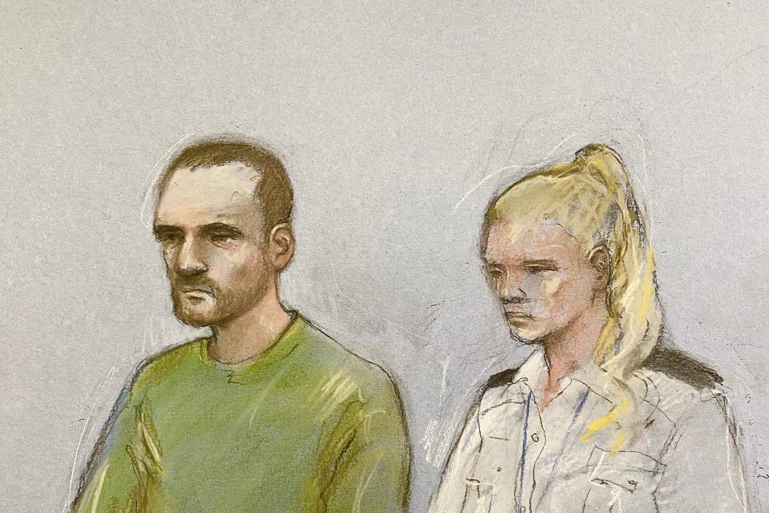 Court artist drawing by Elizabeth Cook of Marcus Arduini Monzo (left)