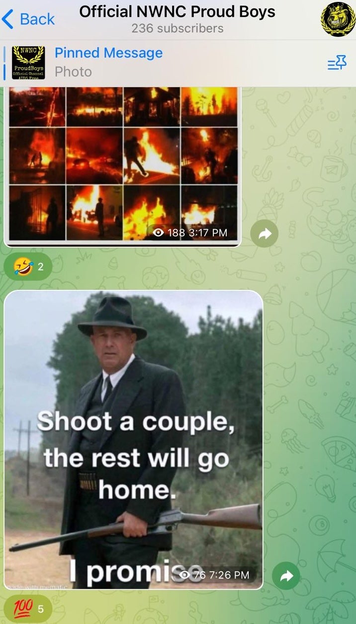 One of the memes in a Proud Boys Telegram channel. Experts said the posts were alarming because they could inspire ‘lone-actor violence’