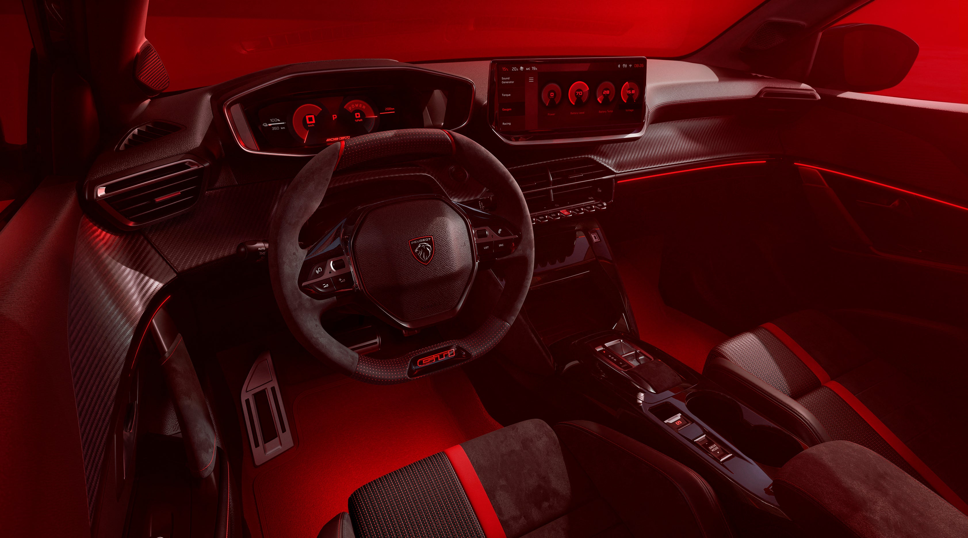 The interior of the new Peugeot E-208 GTi features red on the carpet, seats, seatbelts and dash