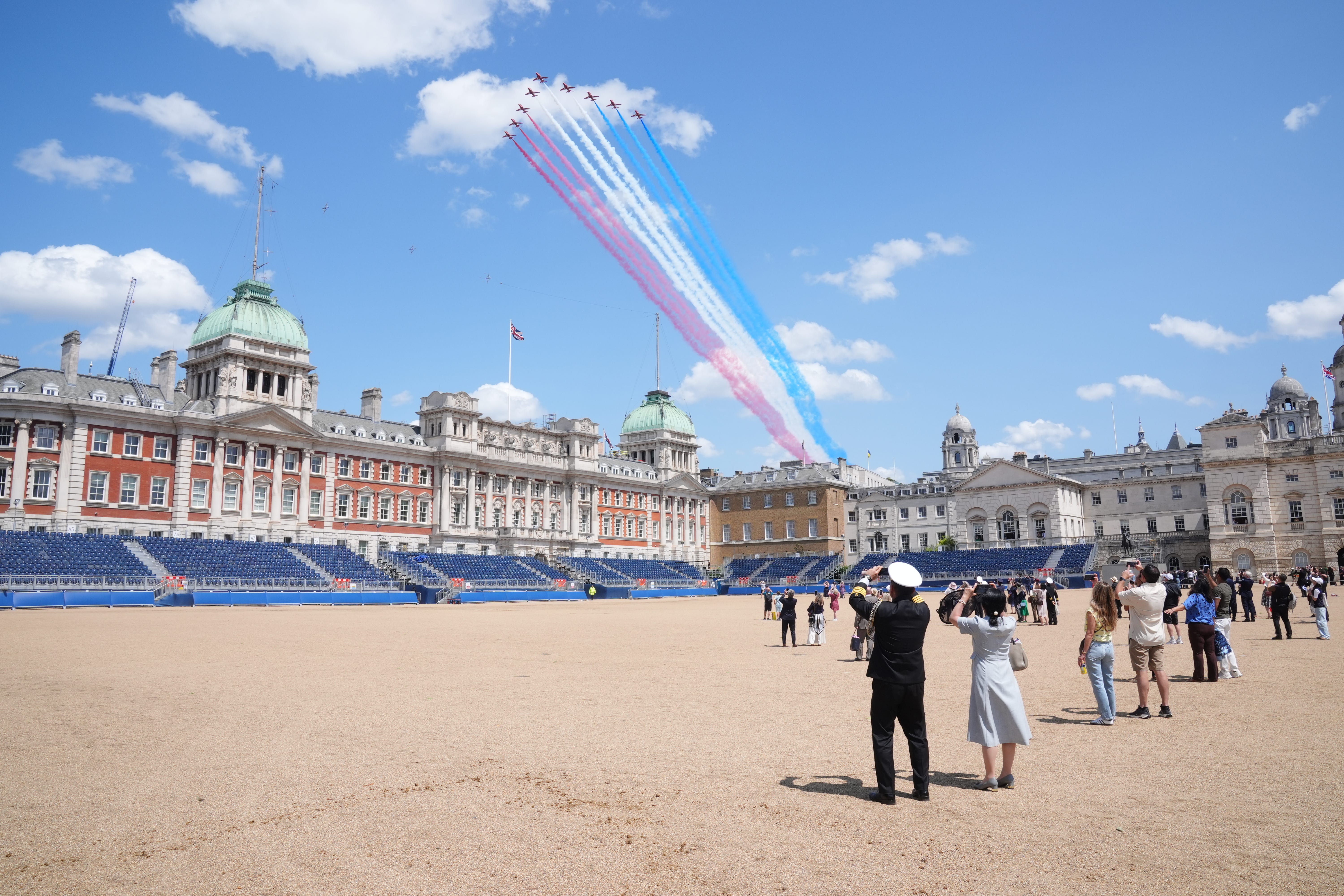 The Red Arrows take part in a flypast, seen from Horse Guards Parade following the Trooping the Colour ceremony in central London (Jonathan Brady/PA)