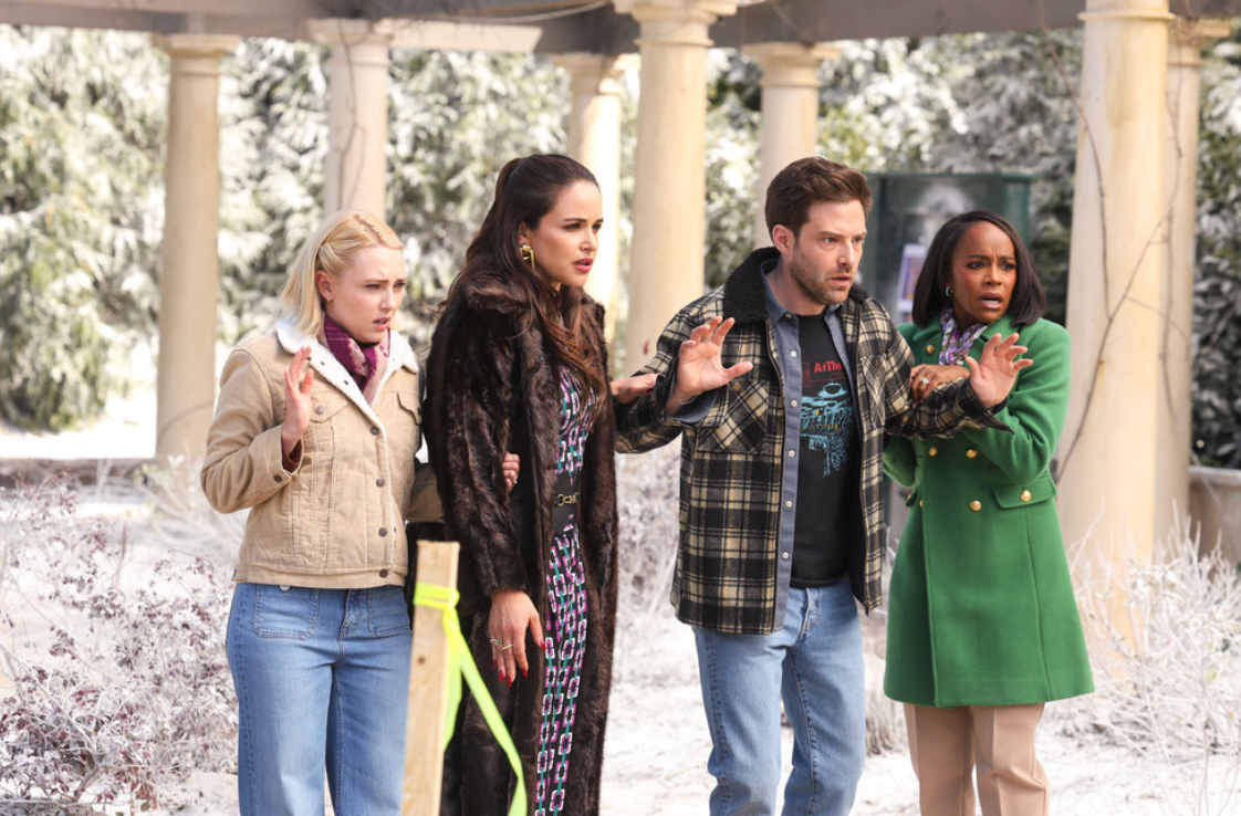 AnnaSophia Robb as Alice, Melissa Fumero as Birdie, Ben Rappaport as Brett, and Aja Naomi King as Catherine in the season finale of 'Grosse Pointe Garden Society'
