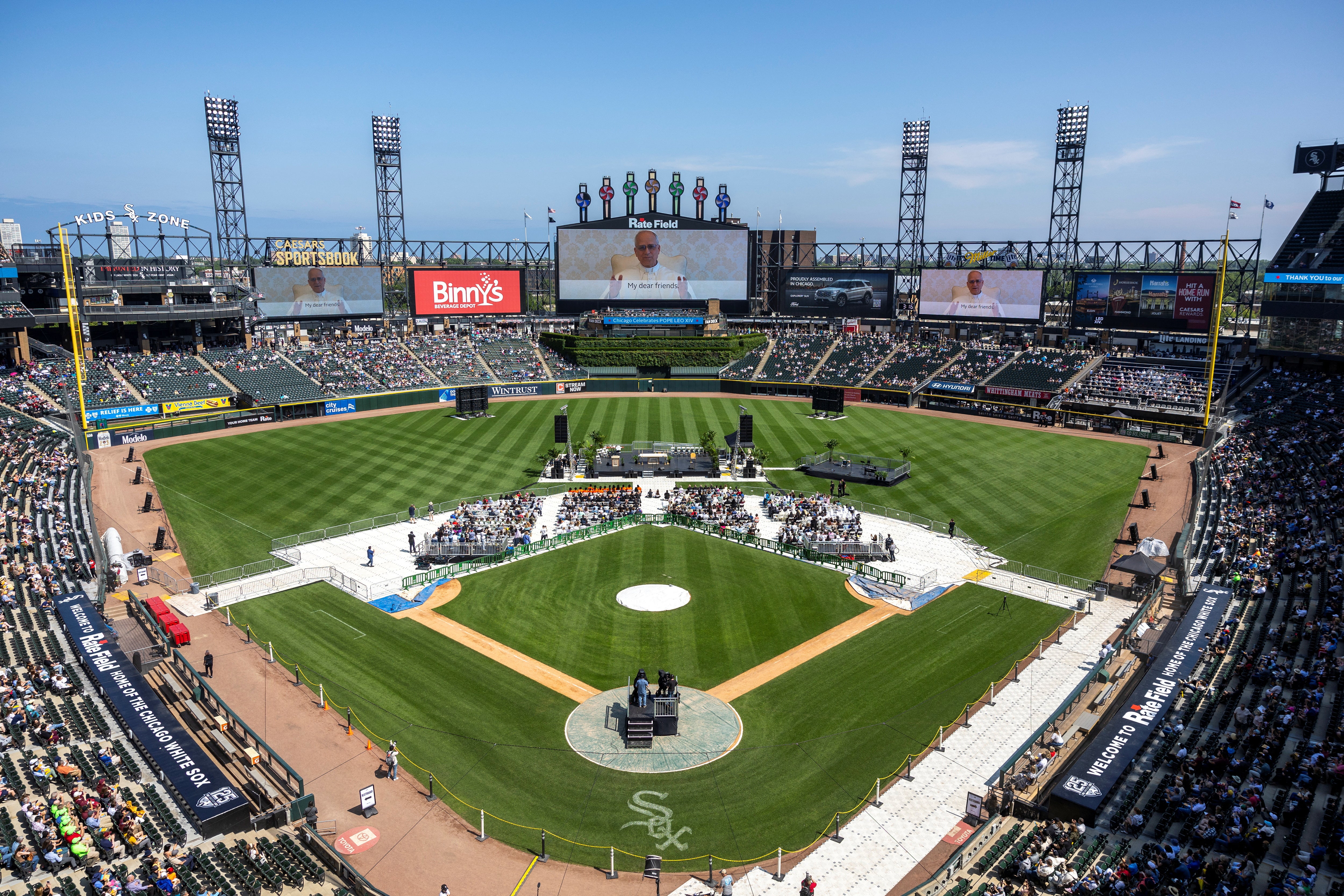 Pope Leo, who was born in the U.S., gave an address to a crowd in his hometown of Chicago.