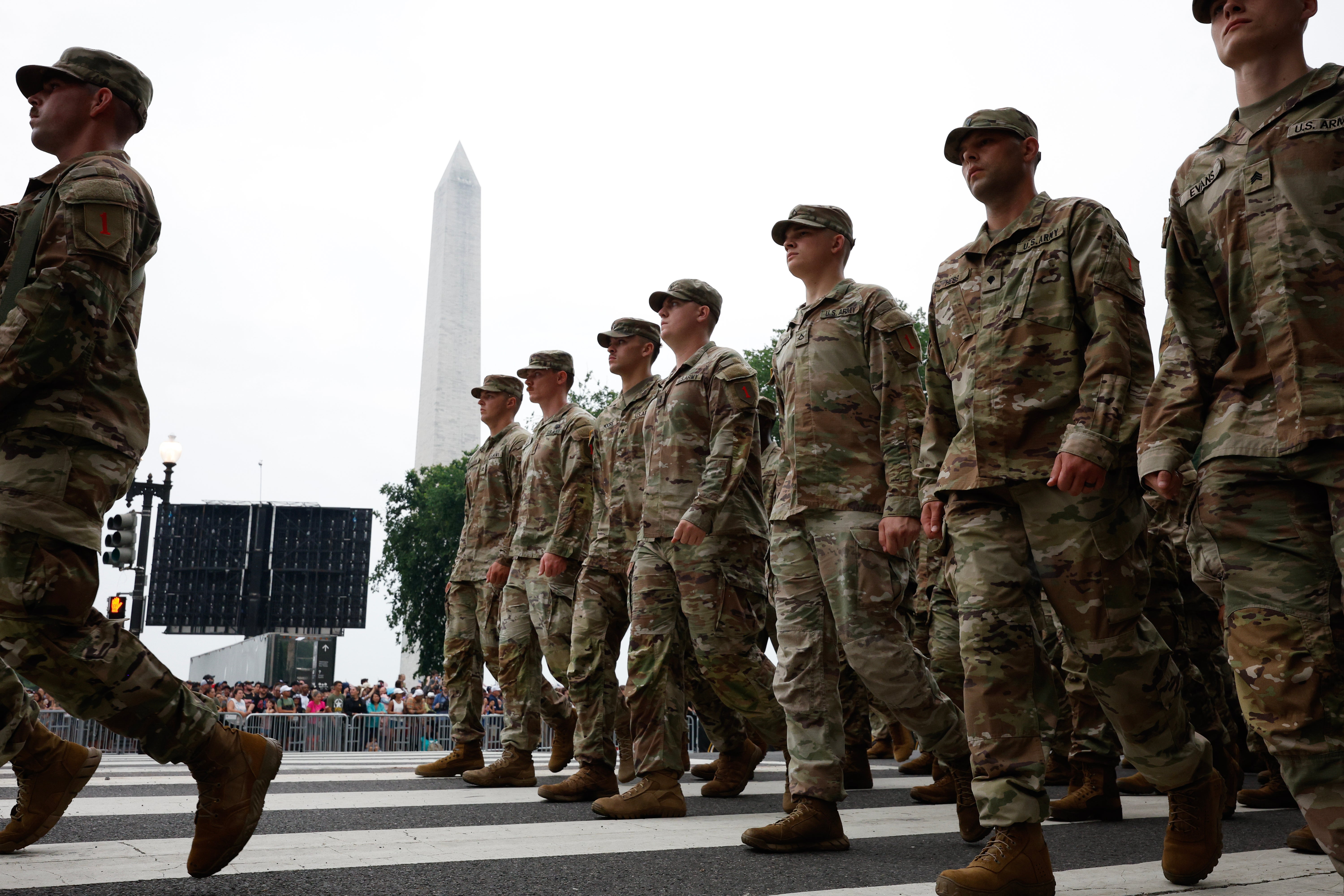 Members of the U.S. Army participated in the 250th birthday parade - which featured messages from corporate sponsors.