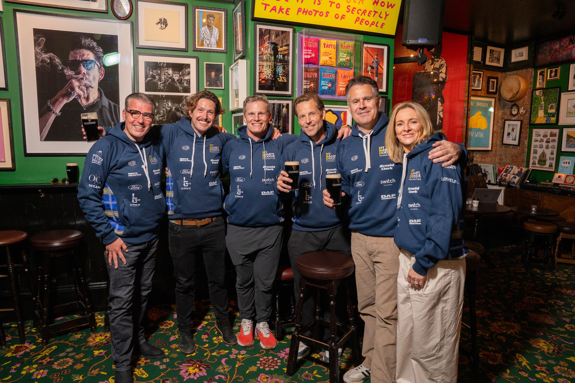 Mark Douglas, Archie Curzon, Mel Deane, Jamie Bamber, Kenny Logan and Gabby Logan ahead of Doddie’5 Lions Challenge (My Name’5 Doddie Foundation/Logan Sports Marketing/PA)