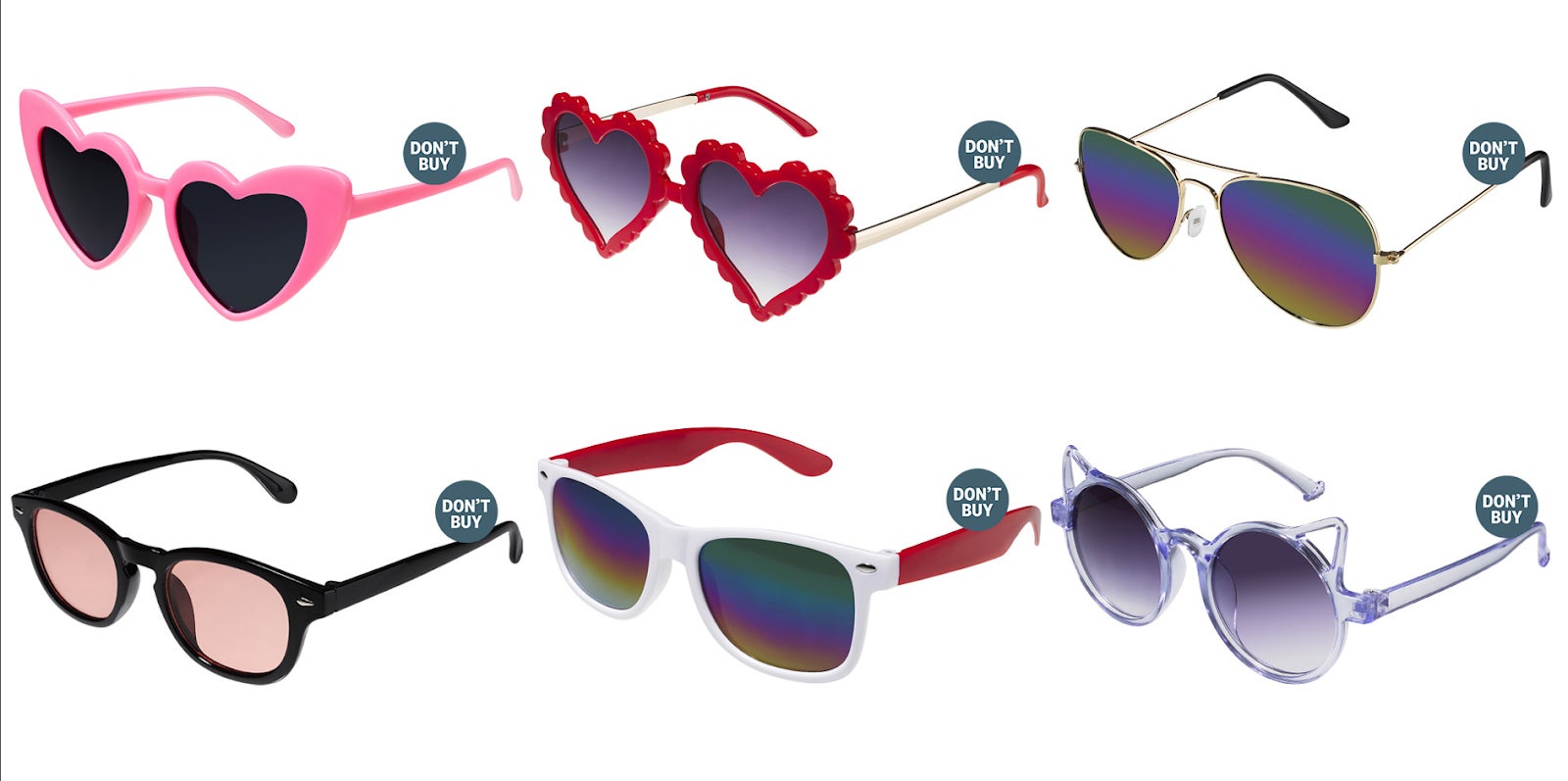 Some of the unsafe and illegal sunglasses sold online which pose a serious risk to children's eyesight