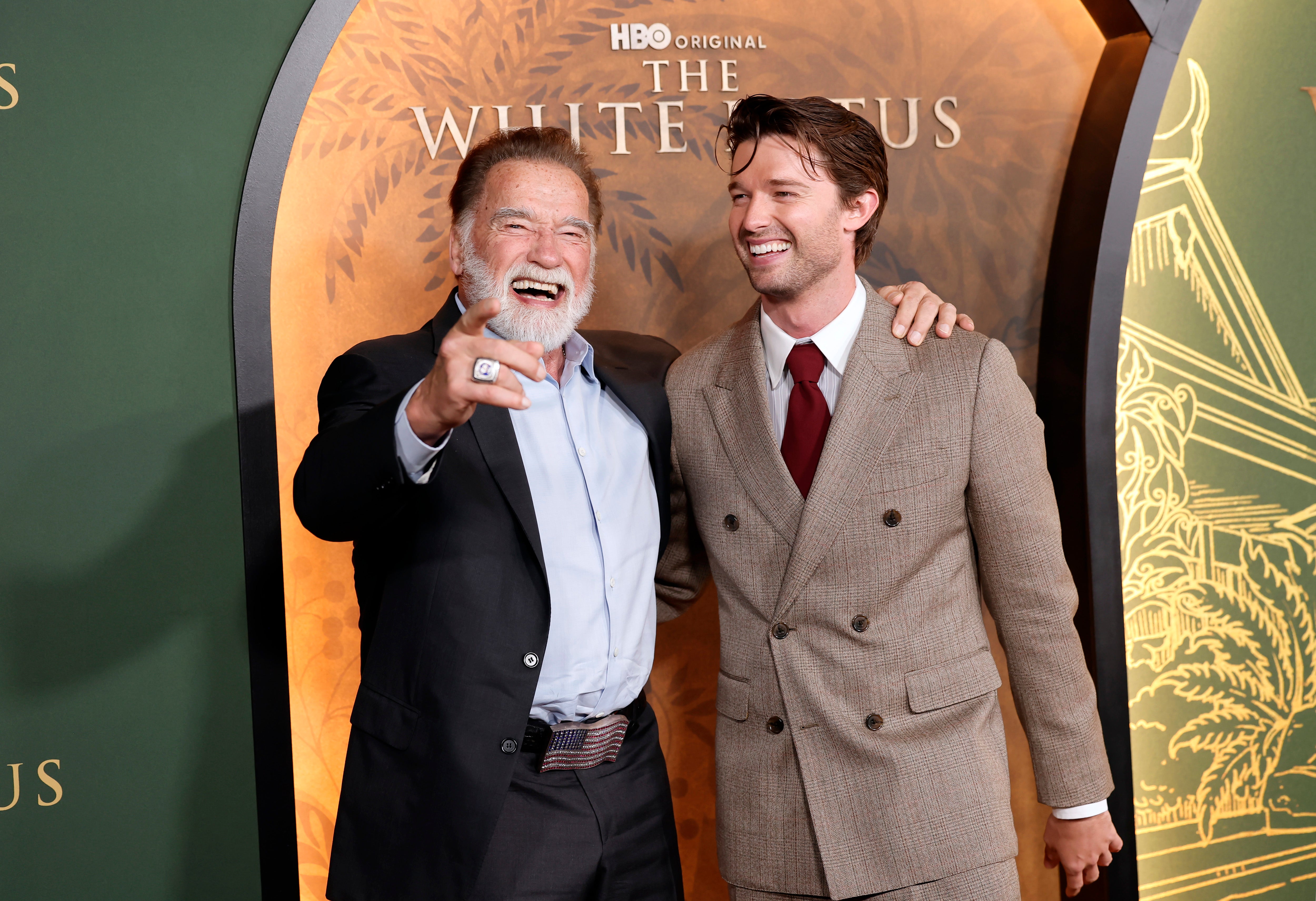 Arnold and Patrick Schwarzenegger in the Prime Minister 'White Lotus'