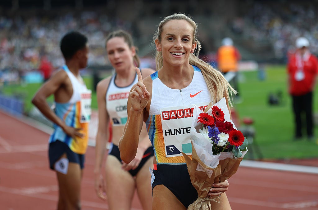Georgia Hunter-Bell of Team Great Britain celebrates winning the Women's 800m