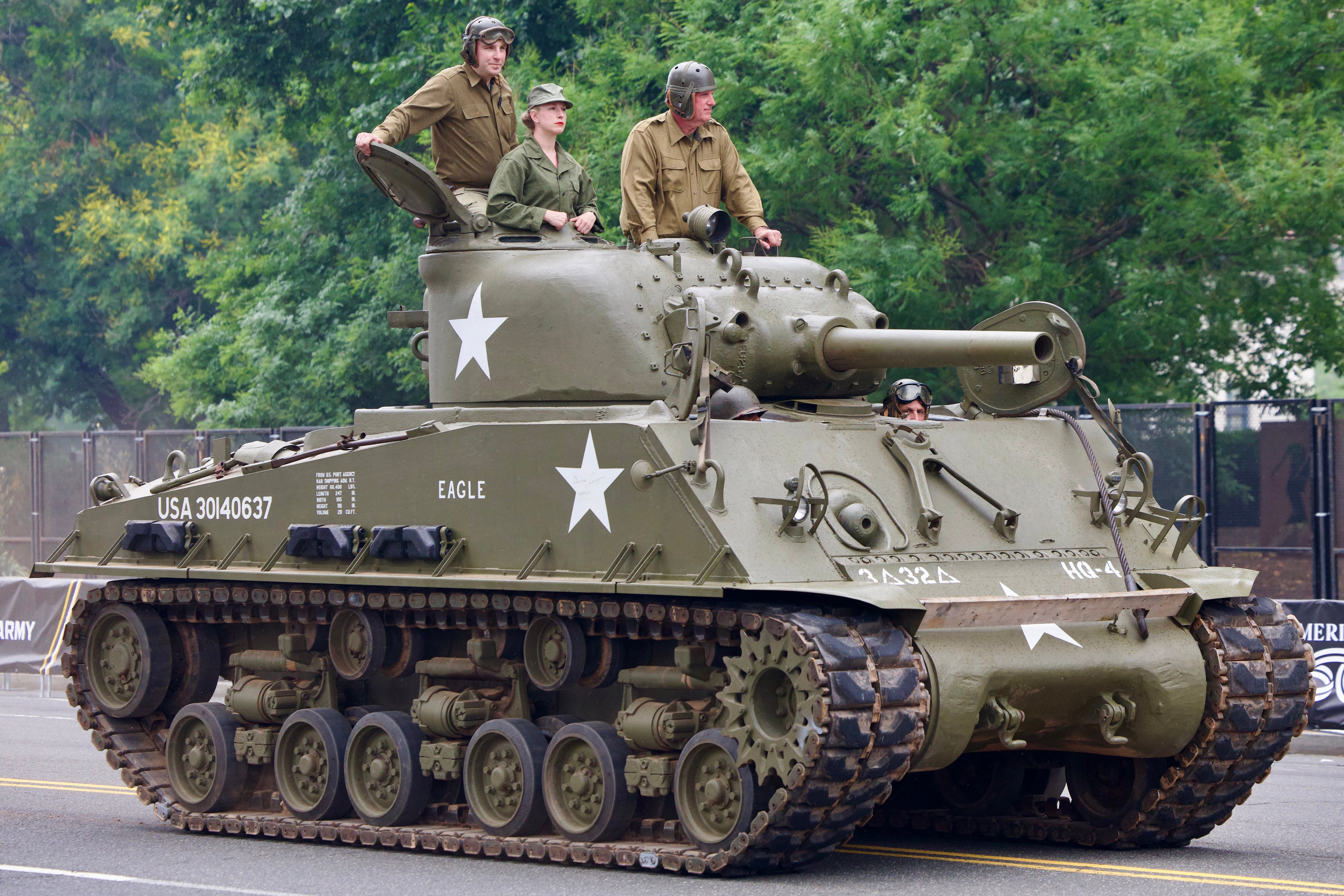 An M4 Sherman tank rolls past during the Army 250th Anniversary Parade in Washington, D.C., on June 14 2025