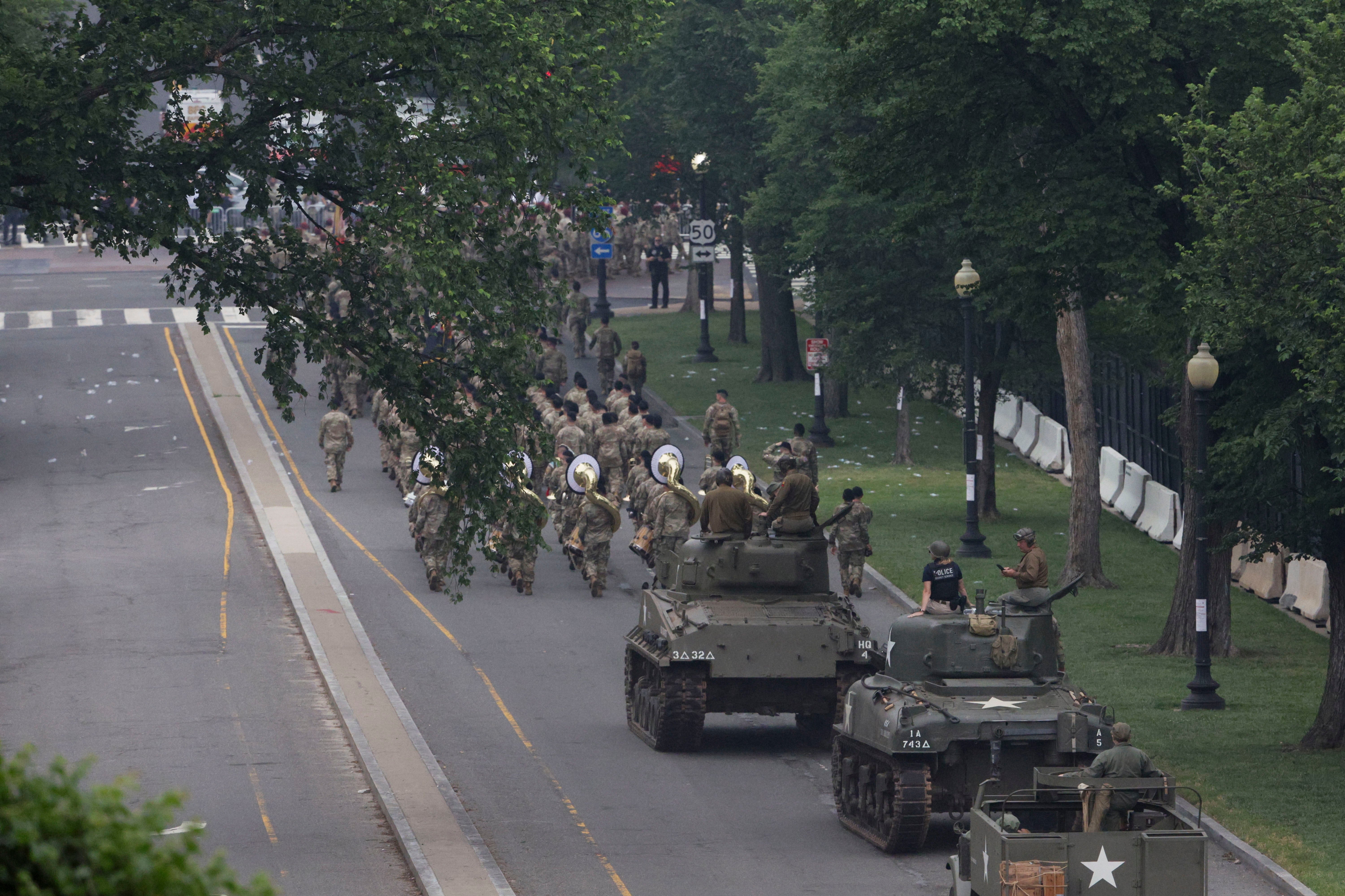 US military vehicles travel the streets of Washington, D.C., during the parade