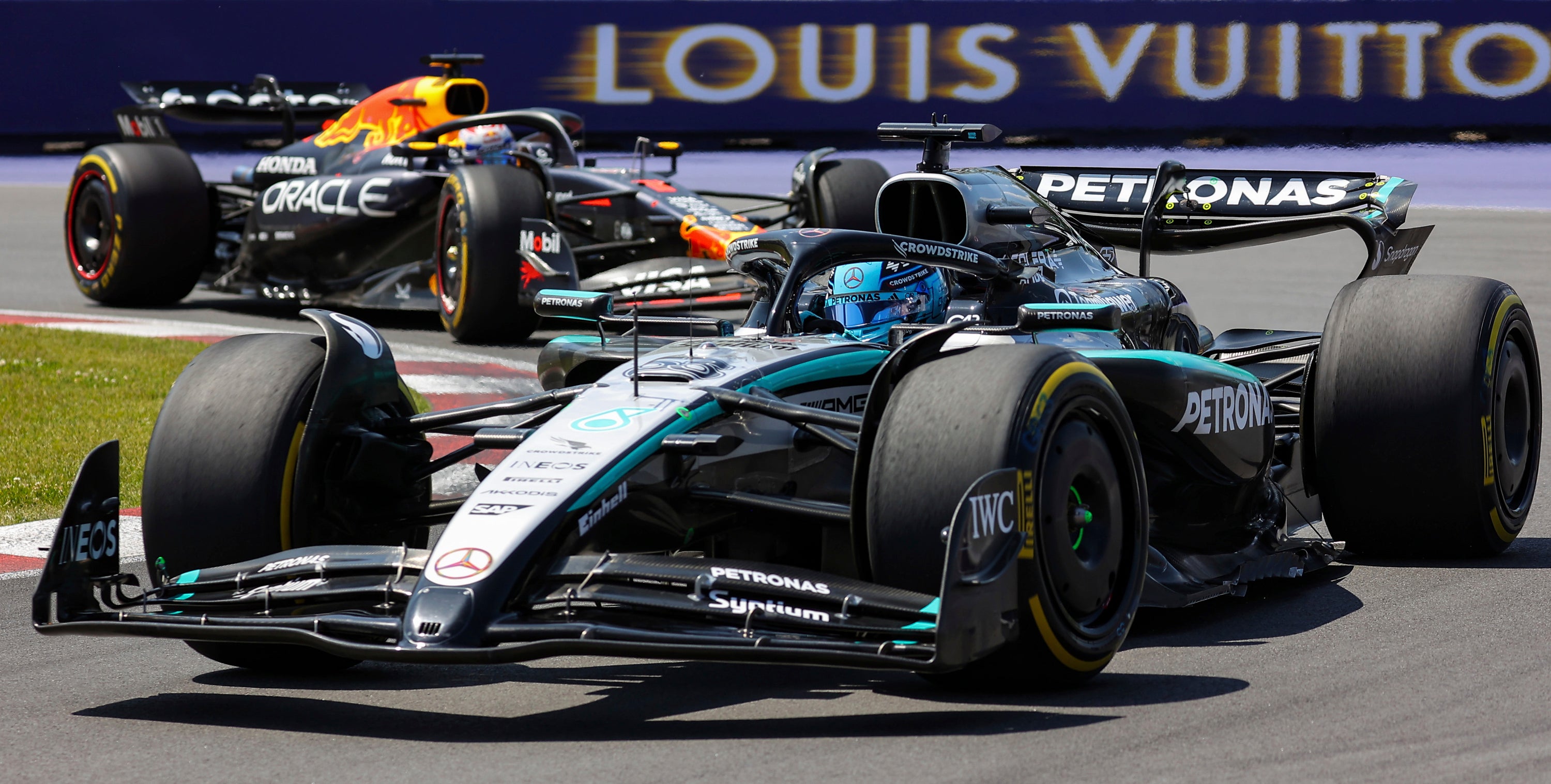 Russell started on pole and stayed ahead of arch rival Max Verstappen