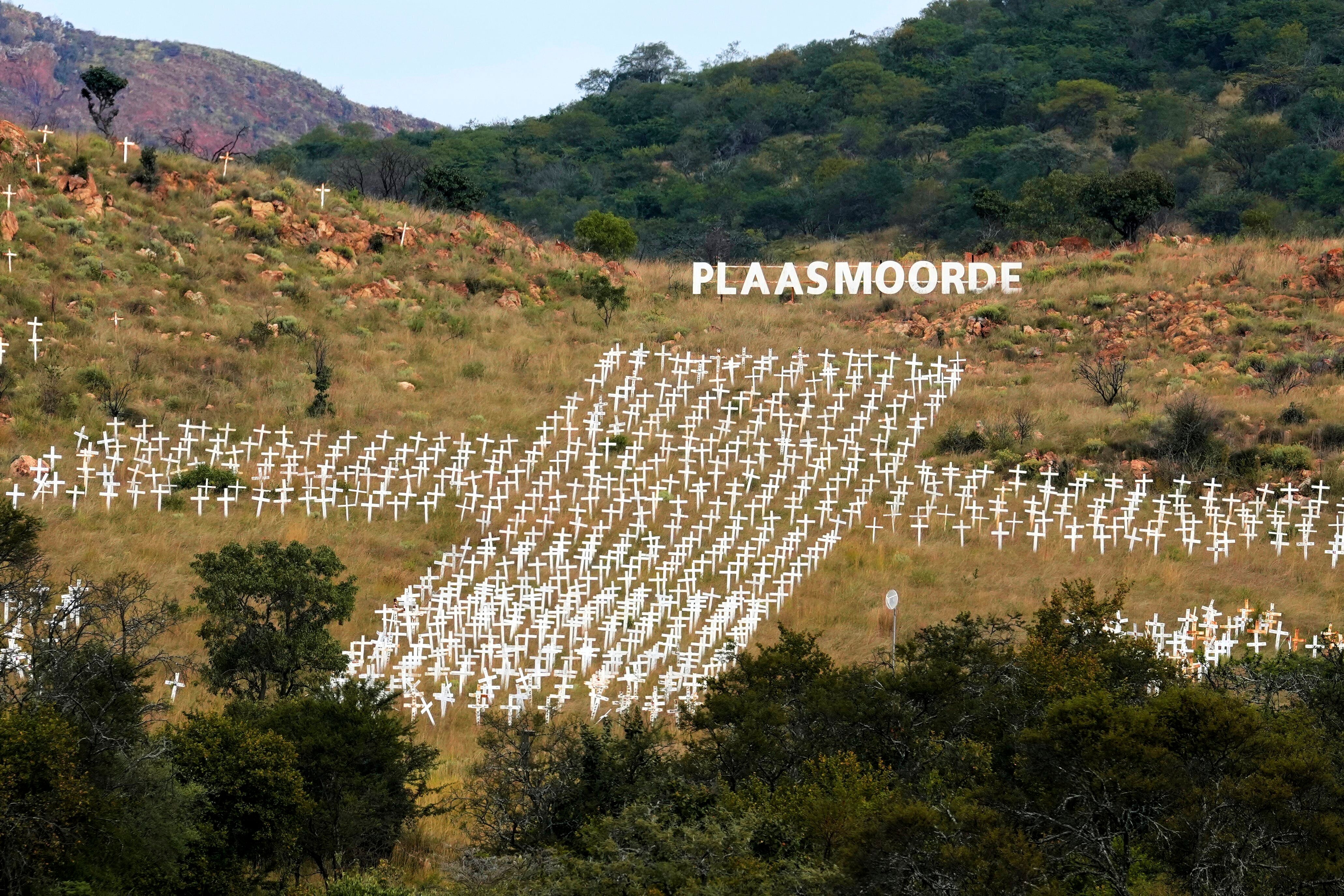 Crosses, memorialising white farmers who were killed, are seen at Witkruis Monument near Polokwane, South Africa