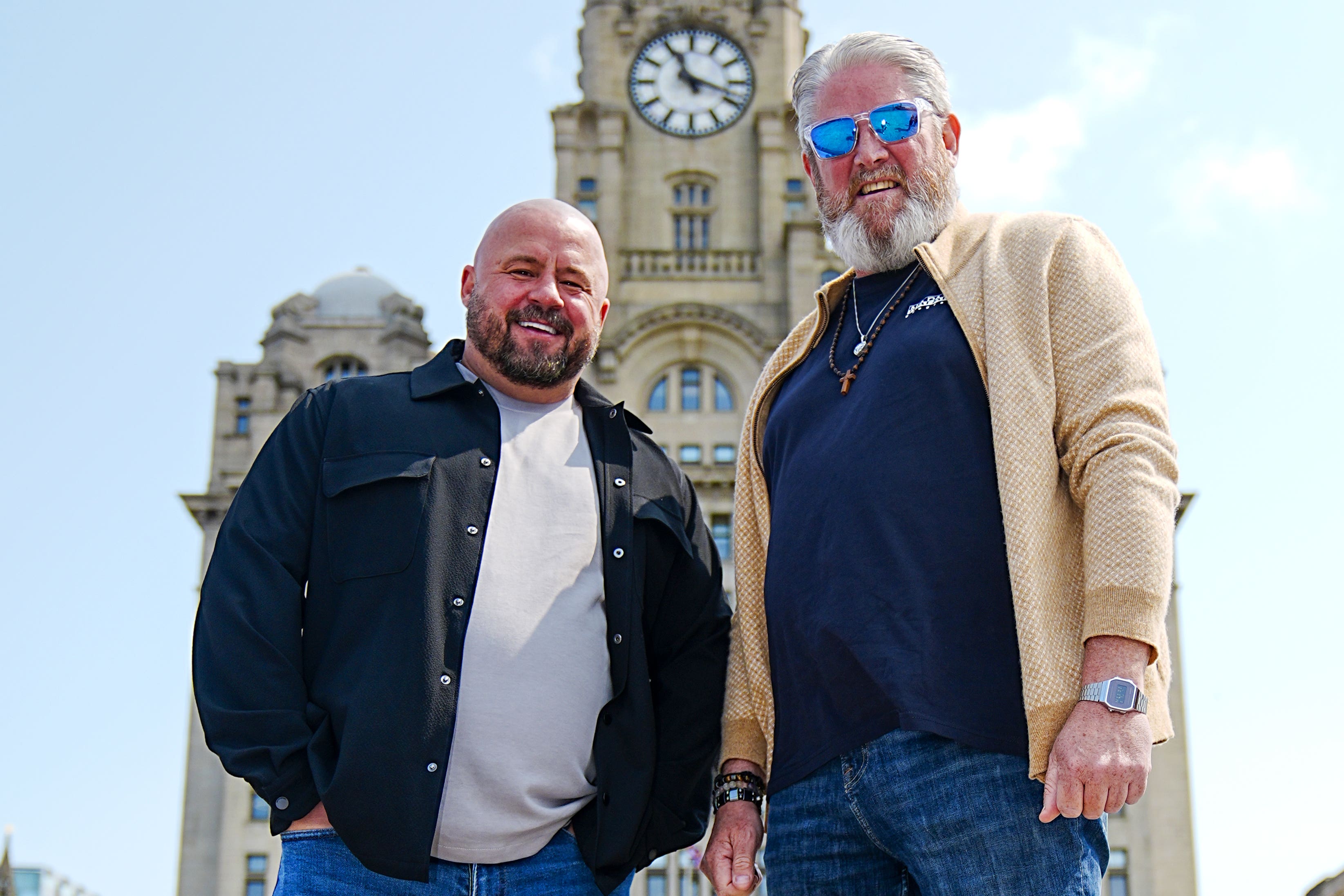 Comedian John May (left) and Tim Edwards, father of Elle Edwards, during an interview at The Pier Head in Liverpool about the upcoming documentary The Two of Us (Peter Byrne/PA)