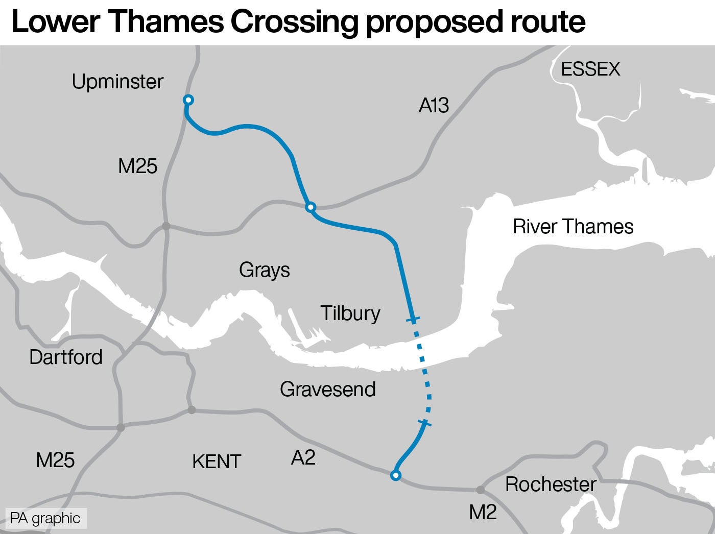 The proposed route of the Lower Thames Crossing