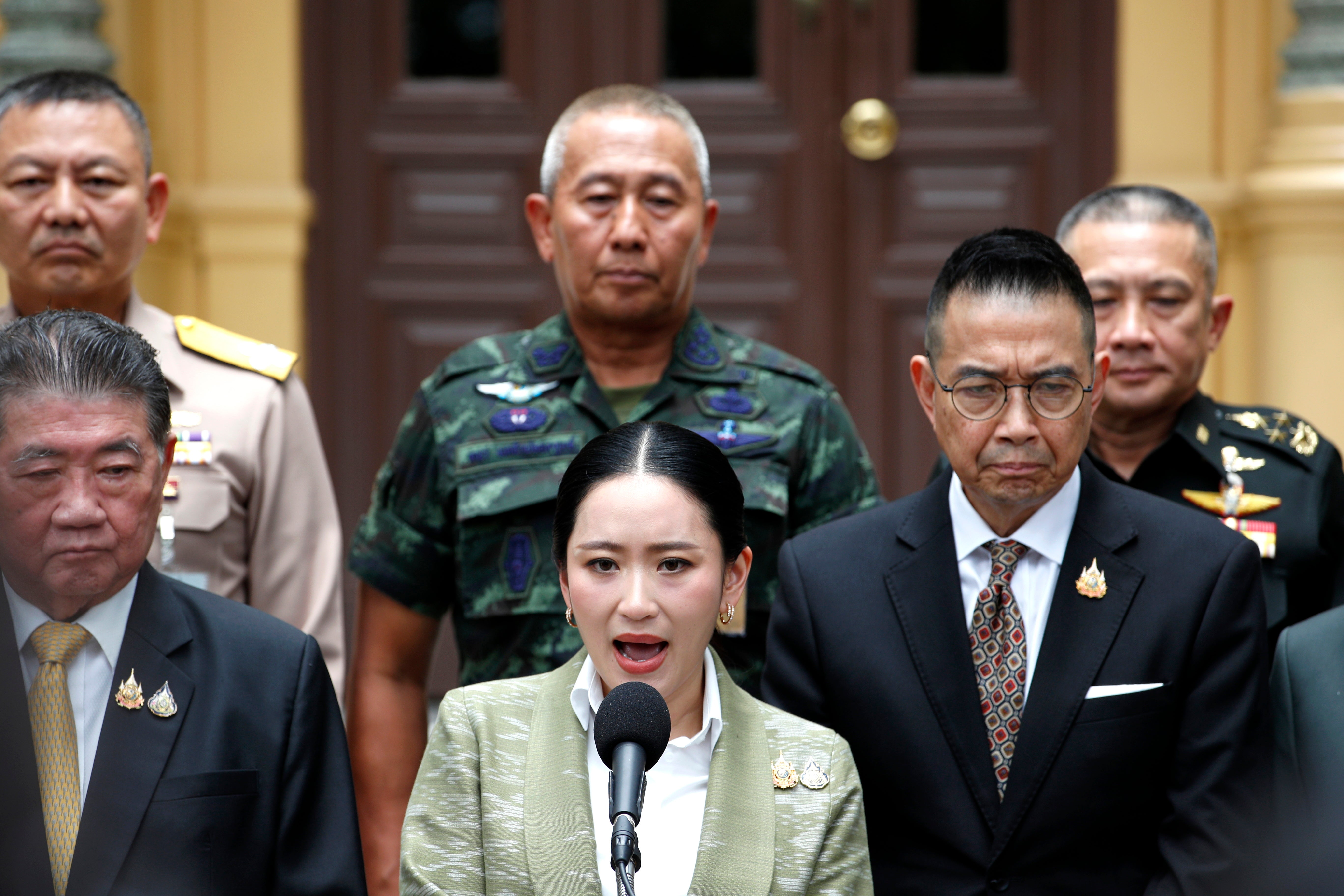 Thai prime minister Paetongtarn Shinawatra addresses a press conference after a meeting with key senior defense officials to assess the outcome of the Thai-Cambodian Joint Boundary Commission meeting